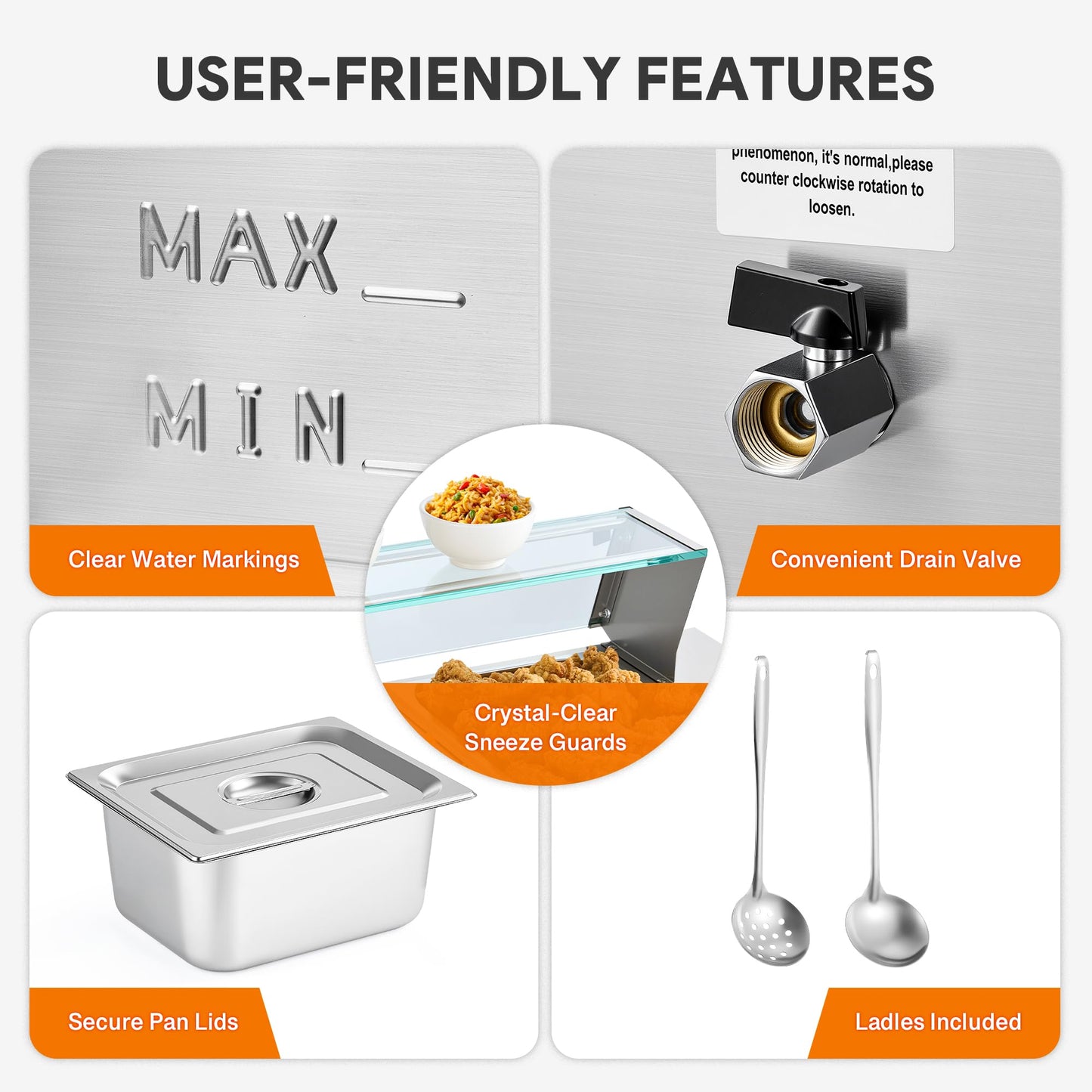 WILPREP Bain Marie Food Warmer, Commercial food warmer with Three 1/2 Pans and Sneeze Guards for Catering Restaurants Parties, Rectangular Stainless buffet server with Adjustable Temp. & Auto Shutoff