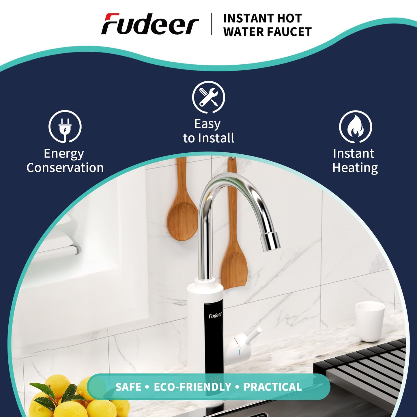 Fudeer 3.3Kw Instant Hot Water Tap,220V ABS Electric Hot Water Faucet for Kitchen, 360 Degree Rotate Warm Water Tap with Digital Display 30-45℃(White)