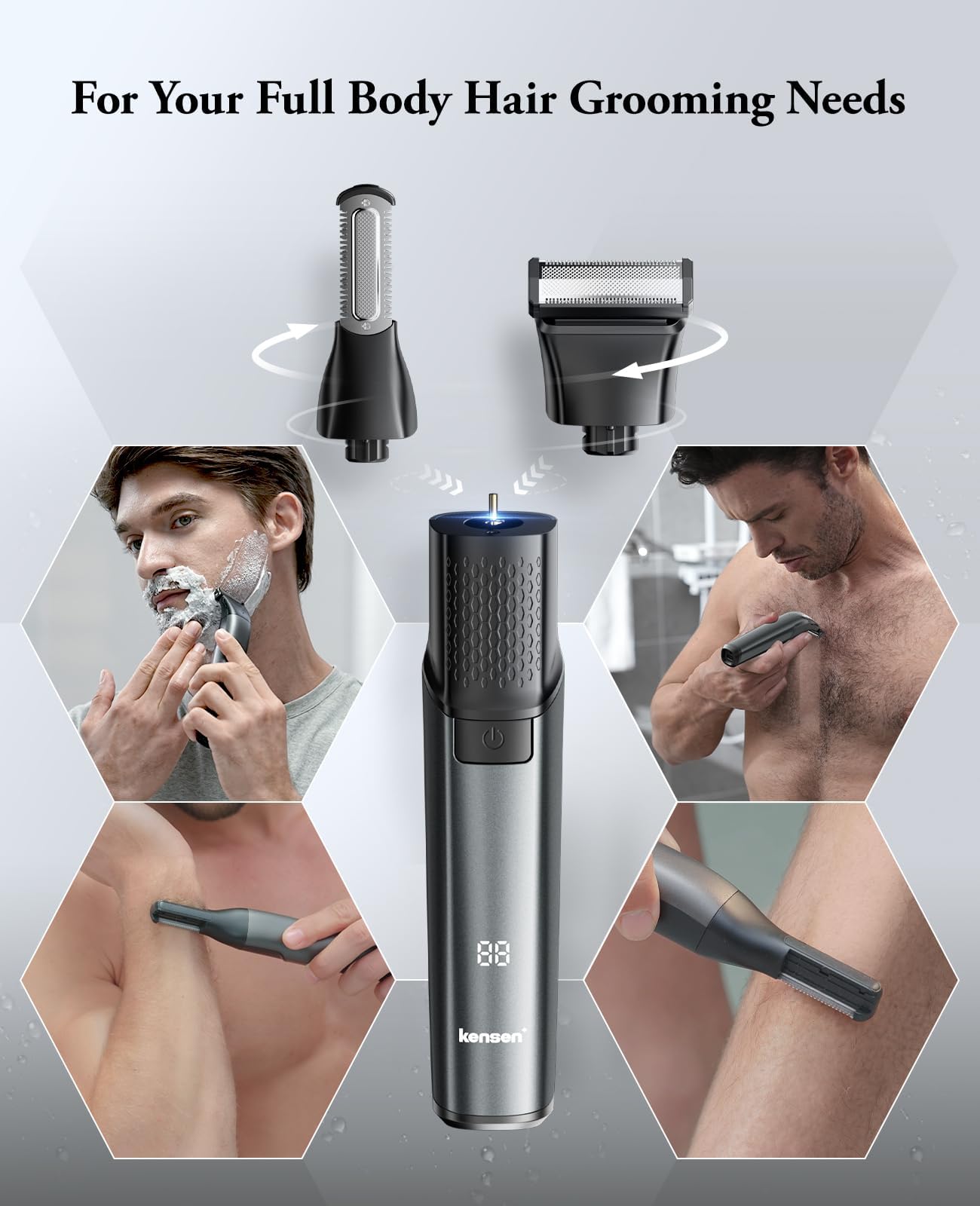 Kensen 2-in-1 Manscape Body Hair Trimmer & Beard Trimmer for Men, Electric Pubic Groin Shaver & Razor, Cordless Waterproof Male Grooming Kit for Limbs & TrunkIn & timate & Facial Hair, 50 Times Usage