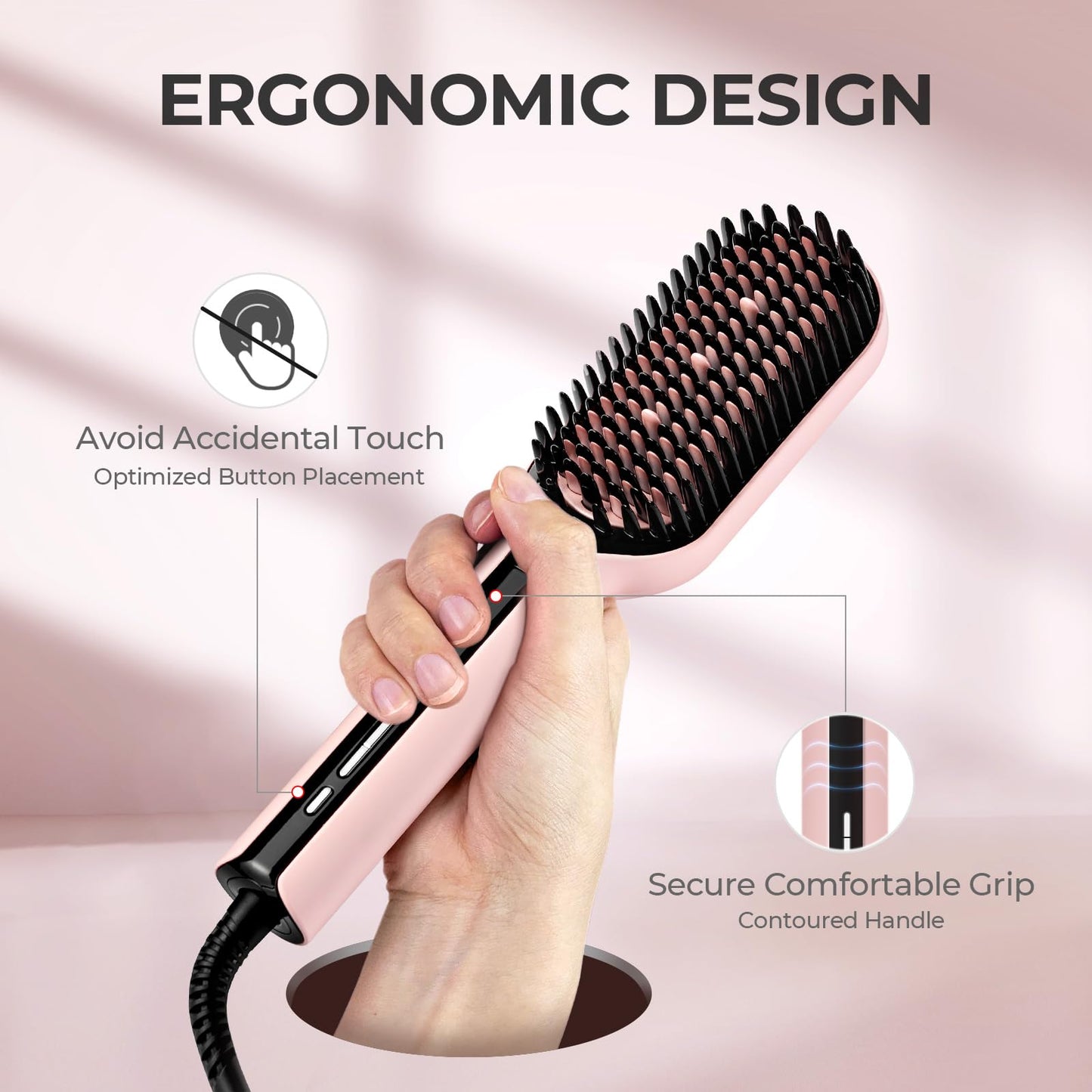 TYMO Ionic Plus Hair Straightener Brush UK, Upgraded Straightening Brush with Dense Bristles for Thick Hair, 16 Temps (80℃~230℃) LED Display, 10 Million ions, Dual Voltage, Hot Brush for Women (Pink)