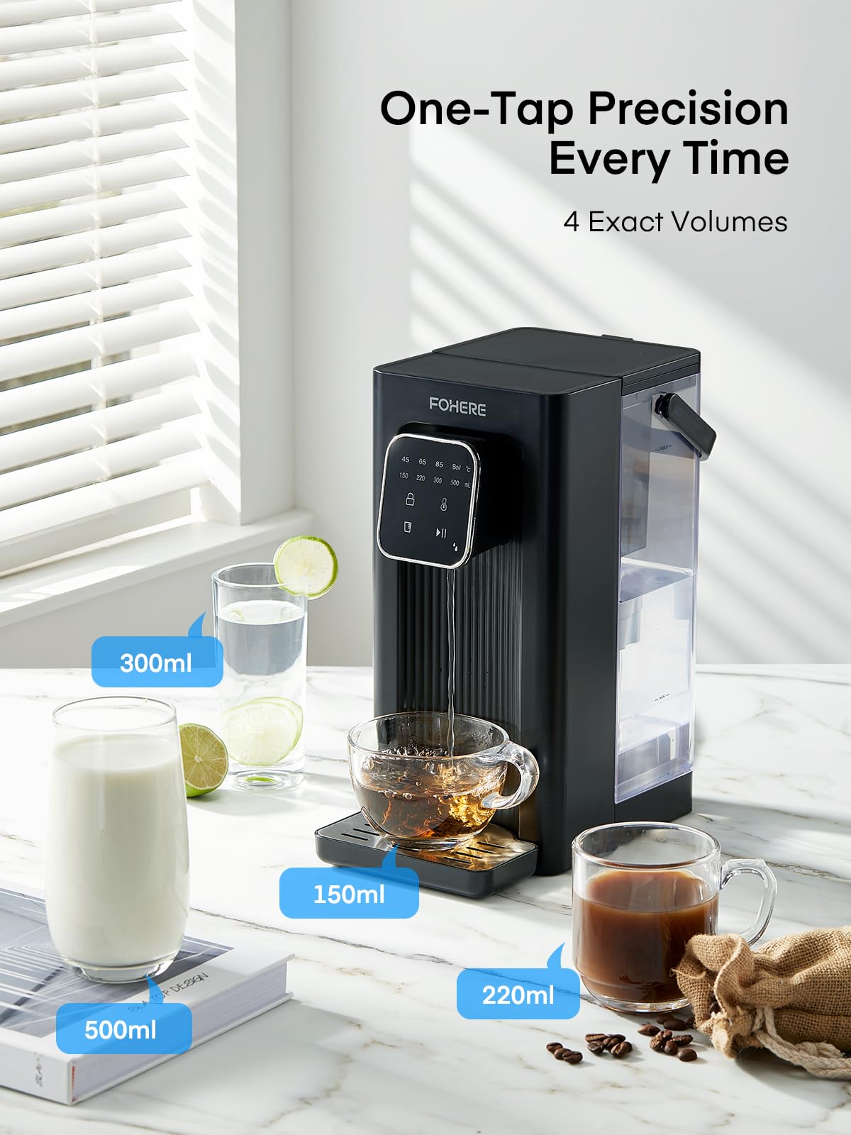 Instant Hot Water Dispenser, 4 Temp Settings (45°C-100°C),4 Volume Options(150ml-500ml), Digital Touch Screen One Cup Kettl, 2.5L Removable Tank, Safety Lock, for Hot Drinks and Tea