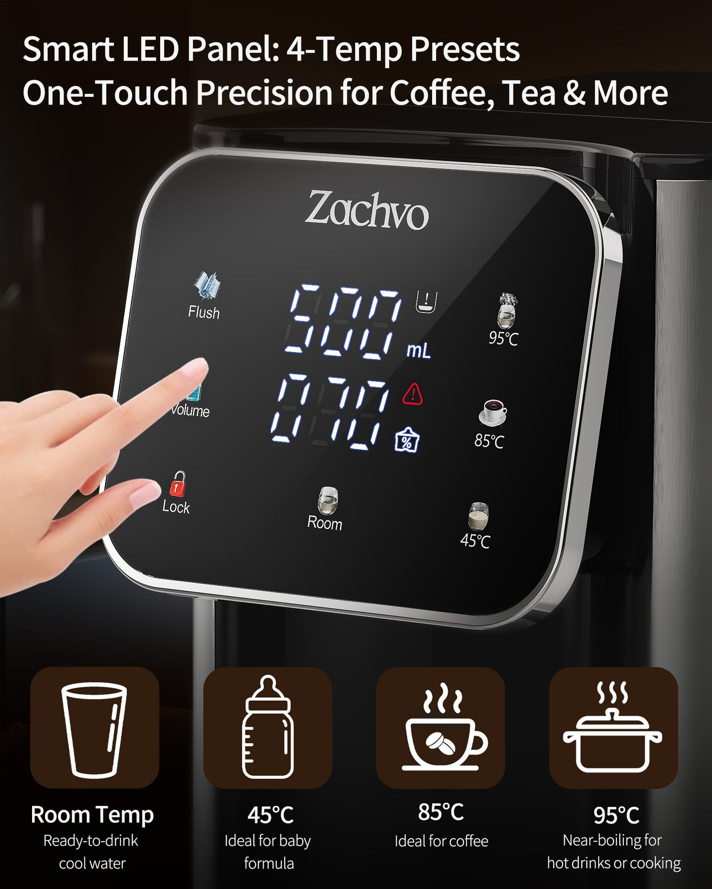 ZACHVO Hot Water Dispenser UR05 with Filter, 2200W Fast Heating, 4 Temperature Settings, 4L Removable Tank, 3 Water Volume Options, Compact & Energy Efficient, Ideal for Kitchen, Office & Home