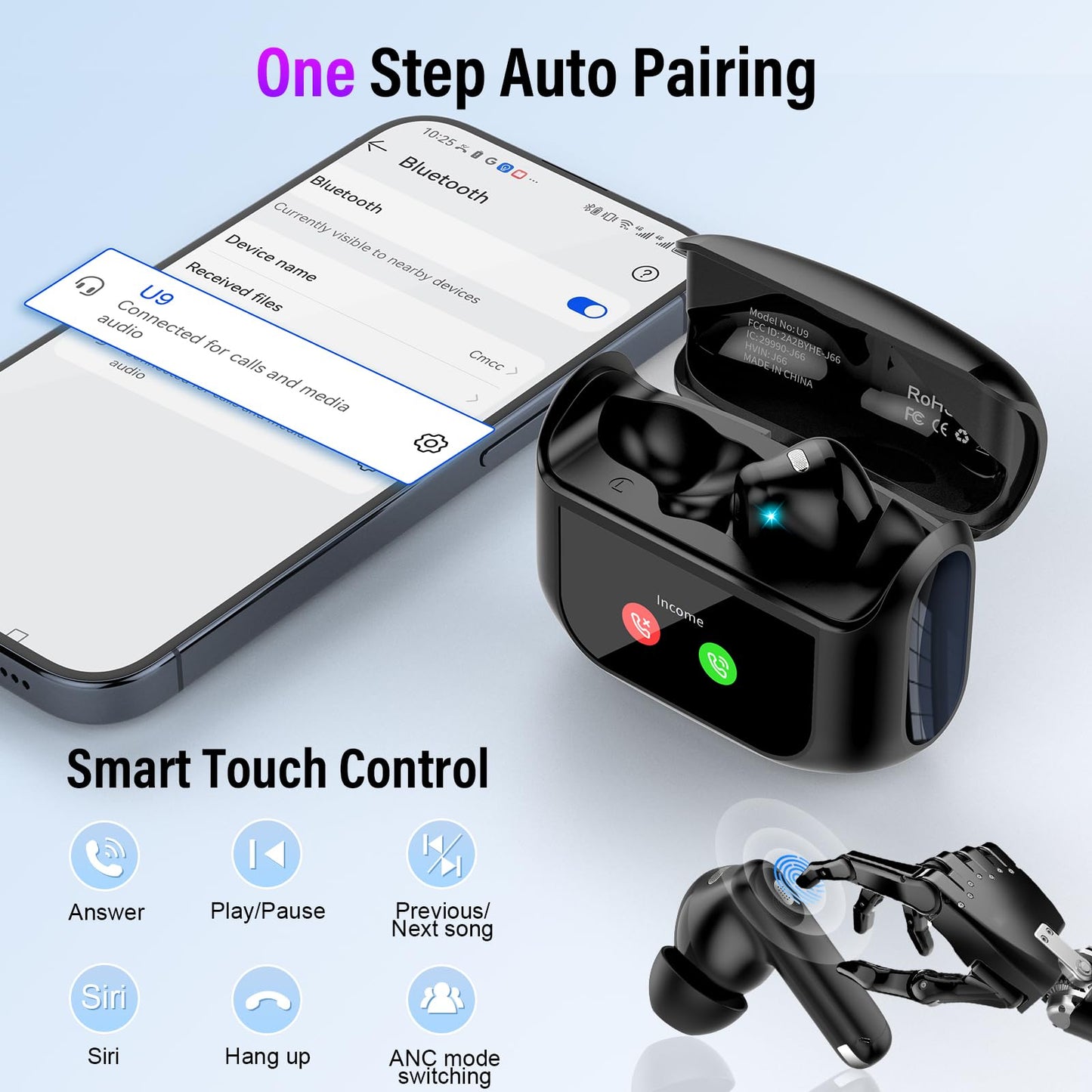 Thunelec Wireless Earbuds, 48H Smart Touch Screen Ear Buds Bluetooth 5.4 Headphones, ANC/ENC Noise Cancelling Mic Bluetooth Earbuds, 5 EQ Modes, HiFi Stereo, IPX7 Waterproof Wireless Earphones Black