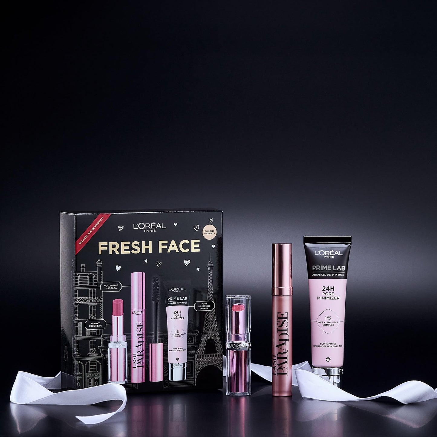 L'Oréal Paris Fresh Face Trio Gift Set – Prime Lab 24H Pore Minimiser Primer, Hydrating Balm-In-Lipstick In 191 Nude Heaven & Lash Paradise Mascara Enriched With Lash-Loving Castor Oil