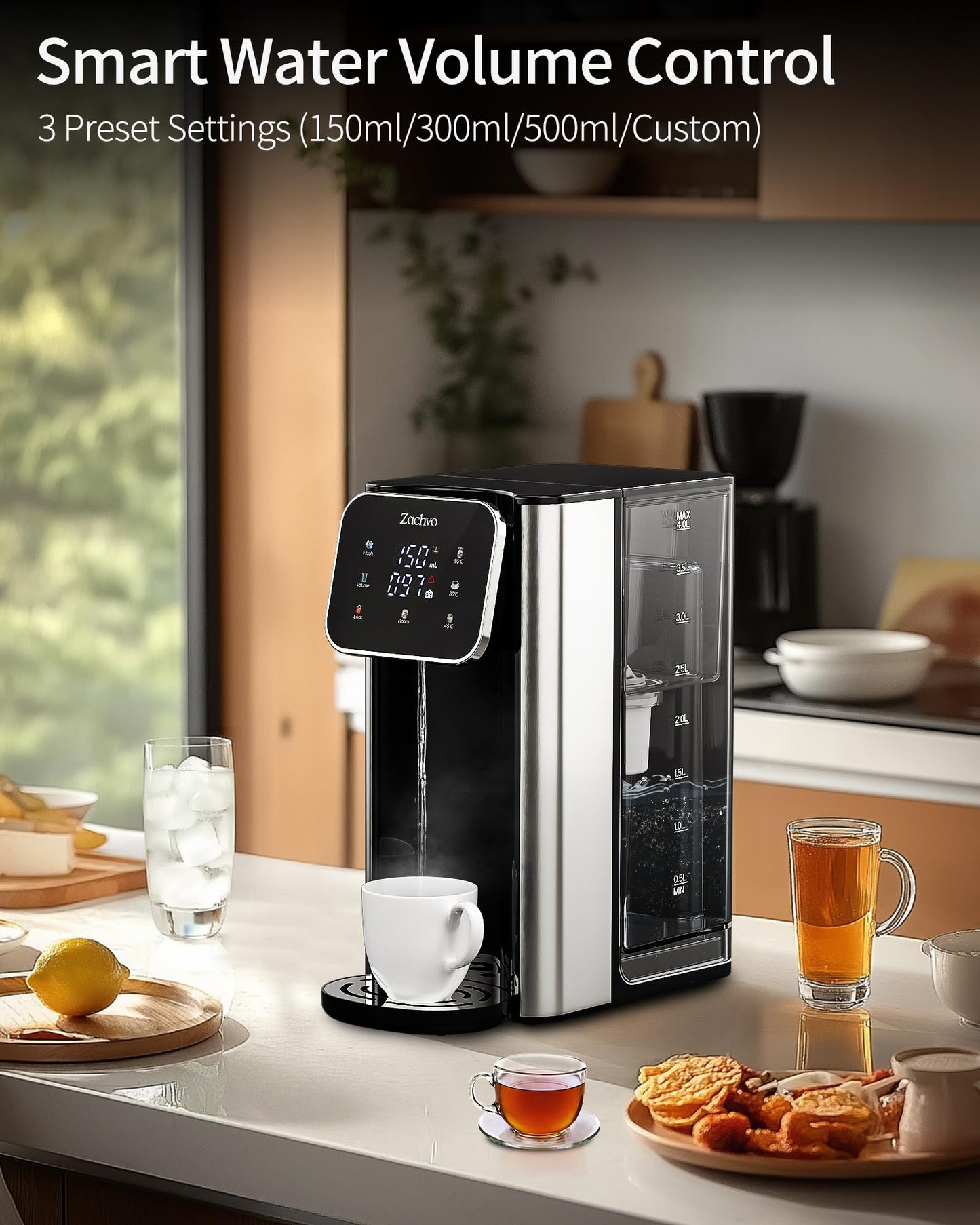 ZACHVO Hot Water Dispenser UR05 with Filter, 2200W Fast Heating, 4 Temperature Settings, 4L Removable Tank, 3 Water Volume Options, Compact & Energy Efficient, Ideal for Kitchen, Office & Home