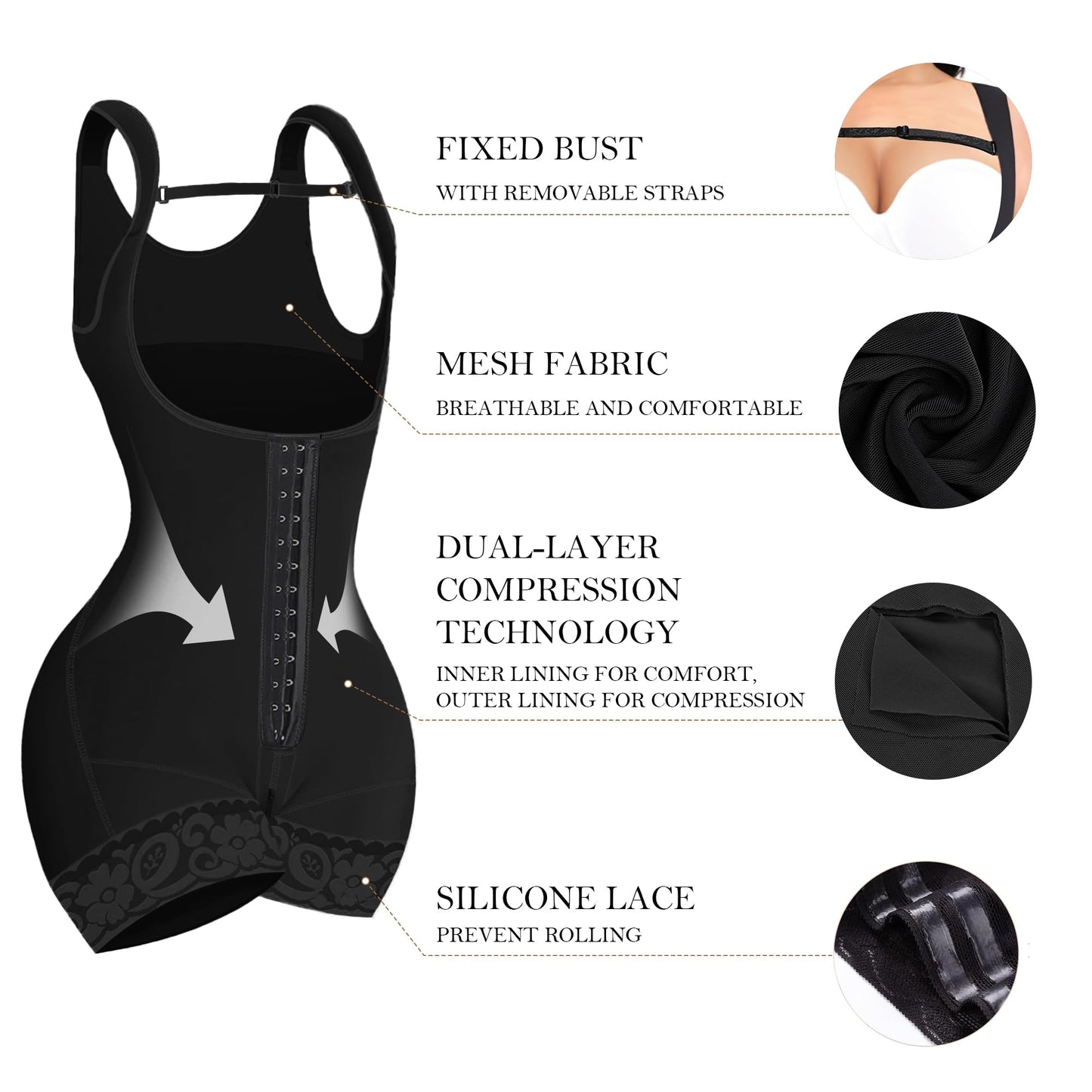 YIANNA Shapewear for Women Tummy Control Full Body Shaper Fajas Colombianas Bodysuit Butt Lifter Post Surgery Zipper Crotch, UK-YA7289-Black-2XL