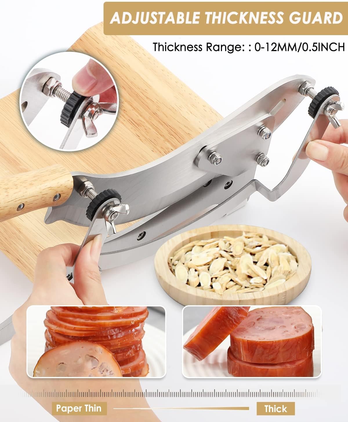 Moongiantgo Biltong Slicer Manual Chinese Medicine Slicer Radiused Beef Jerky Cutter,0-0.5" Adjustable Thickness with Wooden Base Herb Root Cutting Machine for Ginseng Antler Gastrodiae Maca (KD0281)