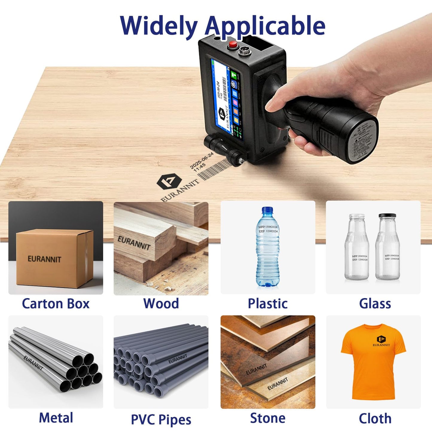 Eurannit Handheld Inkjet Printer 0.5 in, E15 Portable Coding Machine 4.3 Inch LED Touch Screen, Handheld Inkjet Printer Gun for Text Logo Date Batch Number QR Barcode Print on Any Surface