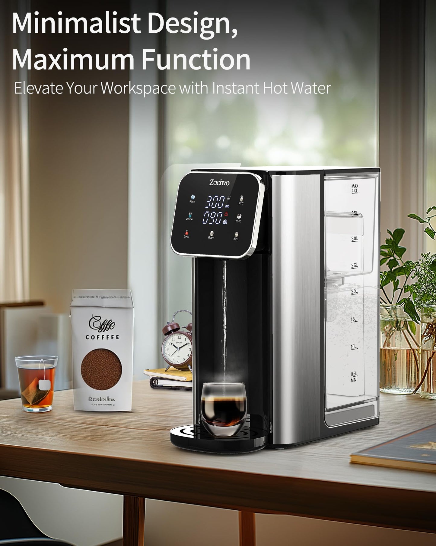 ZACHVO Hot Water Dispenser UR05 with Filter, 2200W Fast Heating, 4 Temperature Settings, 4L Removable Tank, 3 Water Volume Options, Compact & Energy Efficient, Ideal for Kitchen, Office & Home
