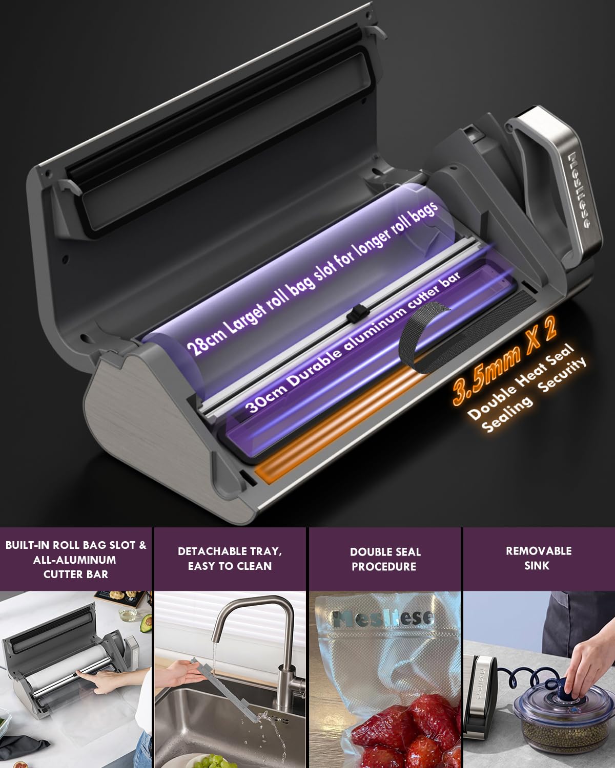 Mesliese Vacuum Sealer Machine, 95kPa 120W One Hand Operation Food Sealer, Double Seal Strip with Build-in Cutter & Countdown Display, 2 Bag Rolls, 5PCS Pre-cut Bags, PULSE & Marinate Enabled