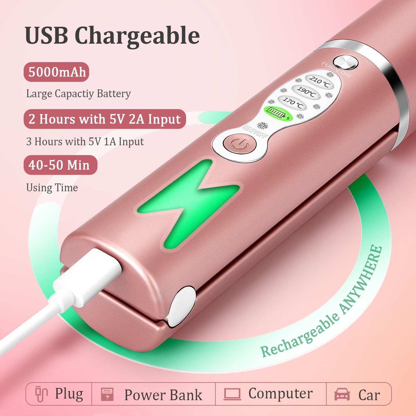 Cordless Titanium Hair Straightener and Curler w Cover, Portable USB Rechargeable Fast Heat Up Flat Iron Travel Size with 5V/5000mAh Battery, Anti-Scald 3-Level for Smooth, Swift and Glossy Hair(Pink
