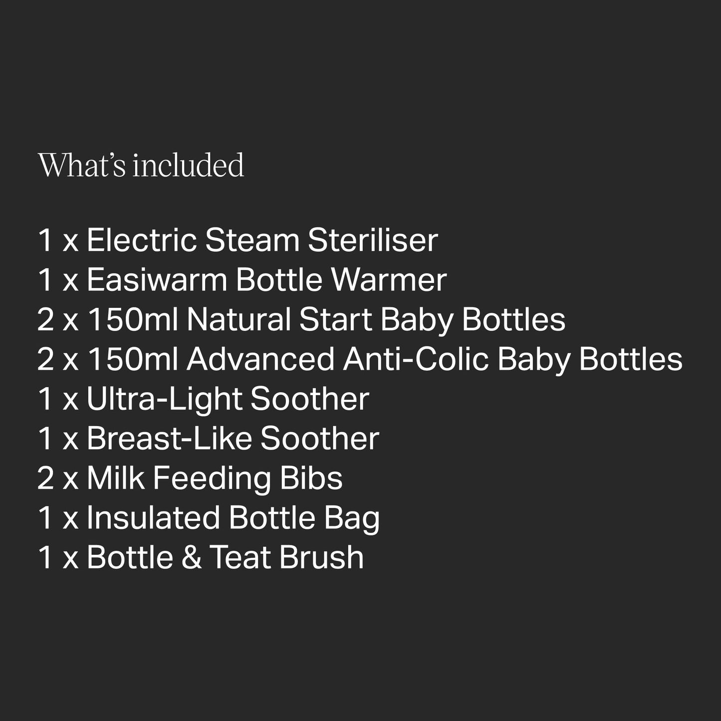 Tommee Tippee Complete Feeding Set, Electric Steam Steriliser with Insulated Bottle Bag, Newborn Self-Sterilising Baby Bottles and Easiwarm Bottle Warmer, Black