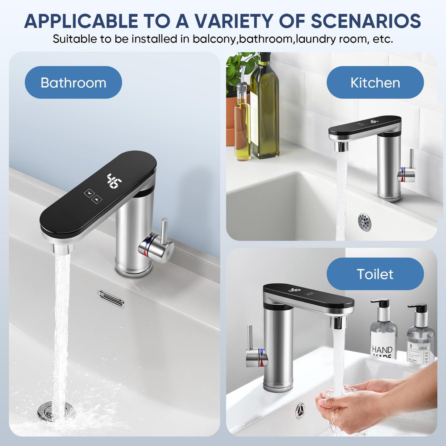 220V 3000W Touch Screen Instant Hot Water Tap, 3 Second Fast Heating Water Heater Tap with Digital Display, Stainless Steel Electric Hot/Cold Mixer Electric Faucet for Sink, 120 Degree Swivel Spout