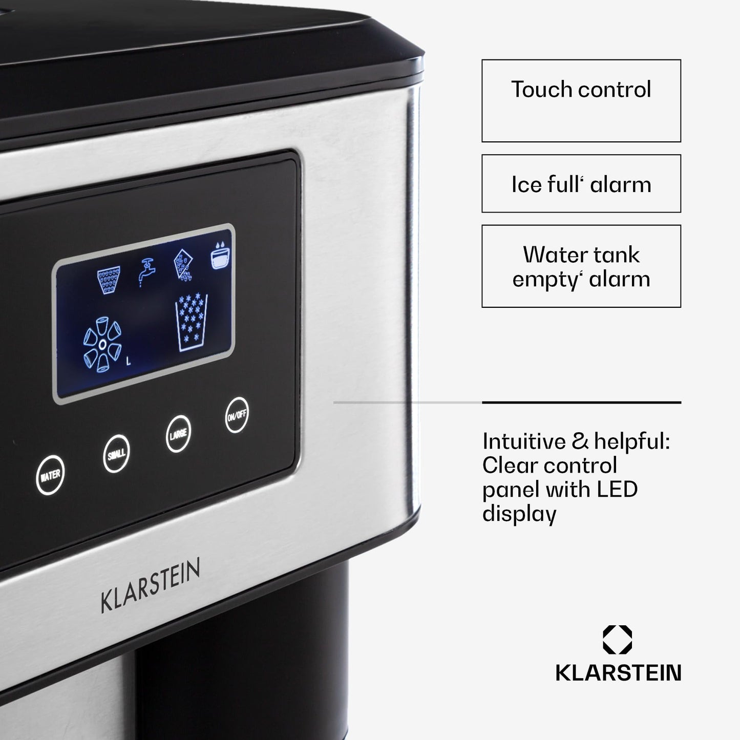 Klarstein 1.8L Small Ice Maker Machine, Counter Top Ice Machine For Home and Kitchen, Fast Operation, 15 kg of Crushed and Bullet Ice, Touch Controls, Easy To Clean Countertop Ice Cube Maker Machine