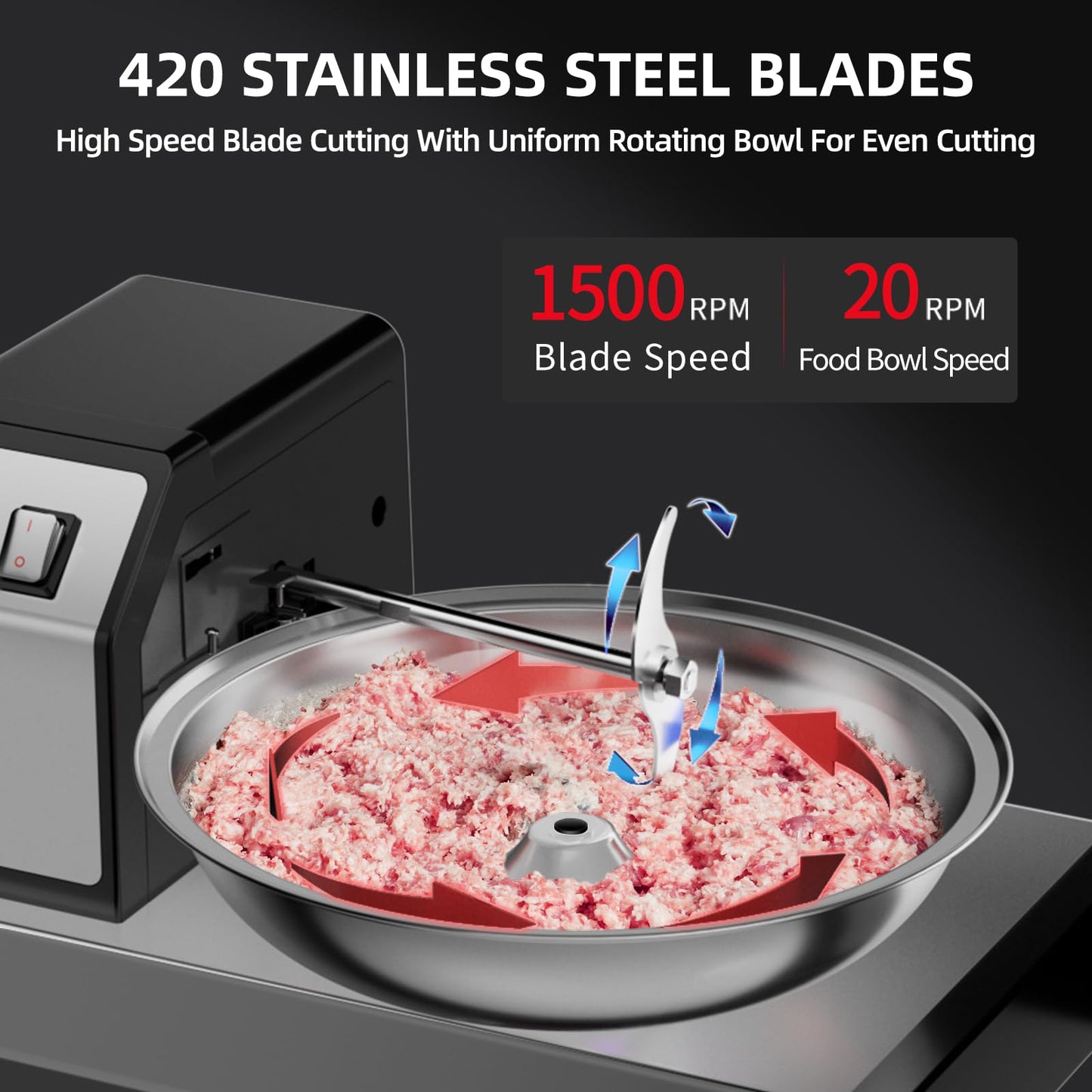 TERUISI Commercial Food Processor, 250W Heavy Duty Electric Meat Grinders with 1500RPM Blade Speed, 6QT Stainless Steel Food Bowl and 0-15 Mins Timer, Commercial Vegetable Chopper Food Mixer Machine