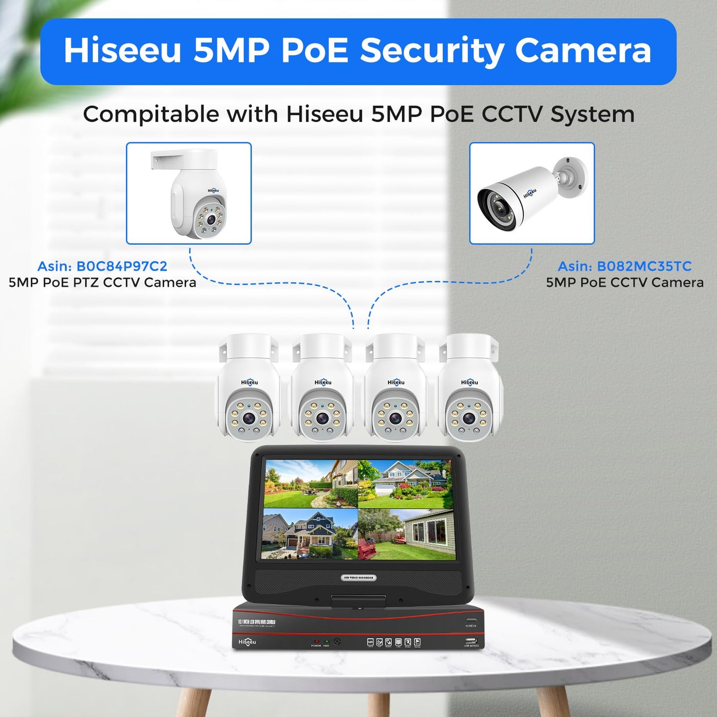 Hiseeu 【5MP+PTZ】 5MP PoE CCTV Security Camera System,10'' LCD Monitor with 8CH NVR,4X5MP PoE PTZ Camera with Color Night Vision IP66 Waterproof Remote Access Two-way Audio