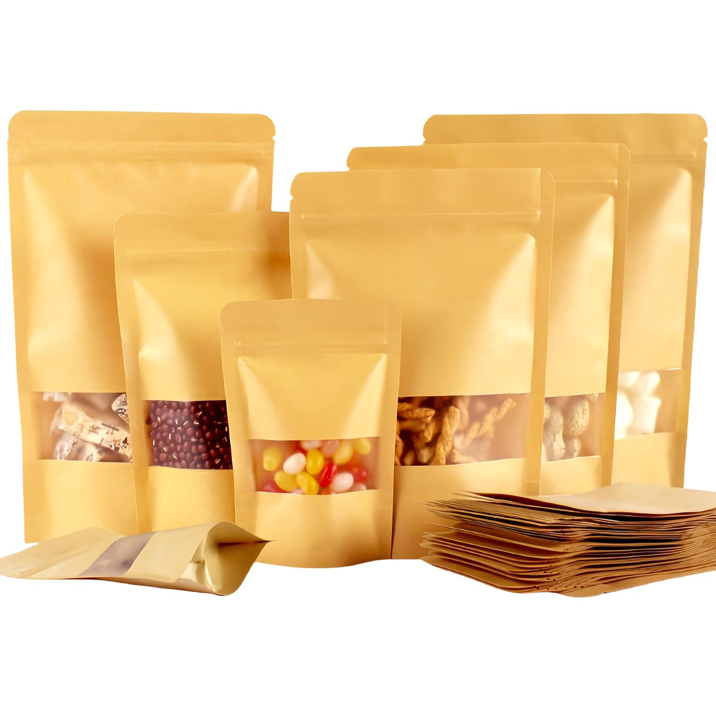 50Pcs Kraft Bags with Window,Resealable Brown Kraft Paper Bags,Durable Food Packaging Bag for Nuts, Sweets,Coffee Beans,Dried Fruit (Brown, 15x22cm - 50pcs)