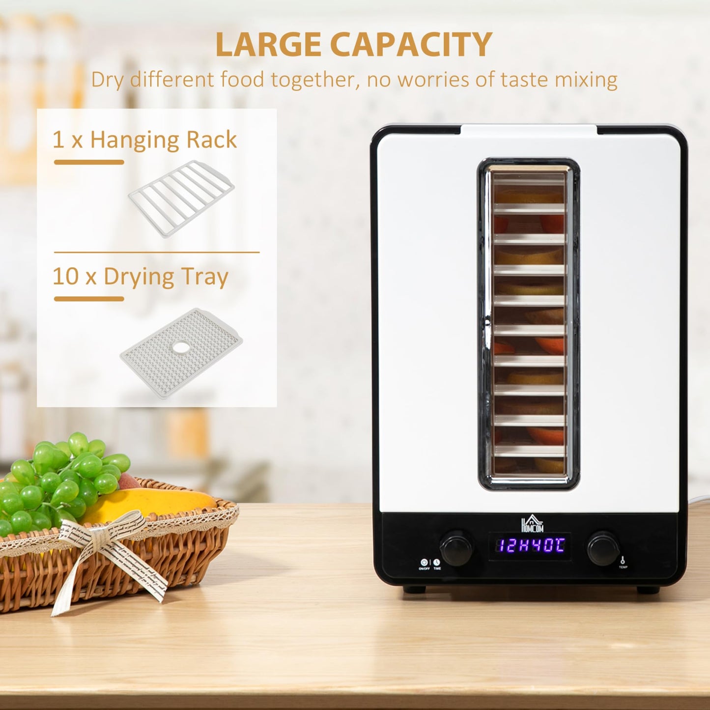 HOMCOM 11 Tier Food Dehydrator, 550W Food Dryer Machine with 40-70℃ Adjustable Temperature, 1-48h Timer and LCD Display for Drying Fruit, Meat, Vegetable, Jerky and Pet Treat, White