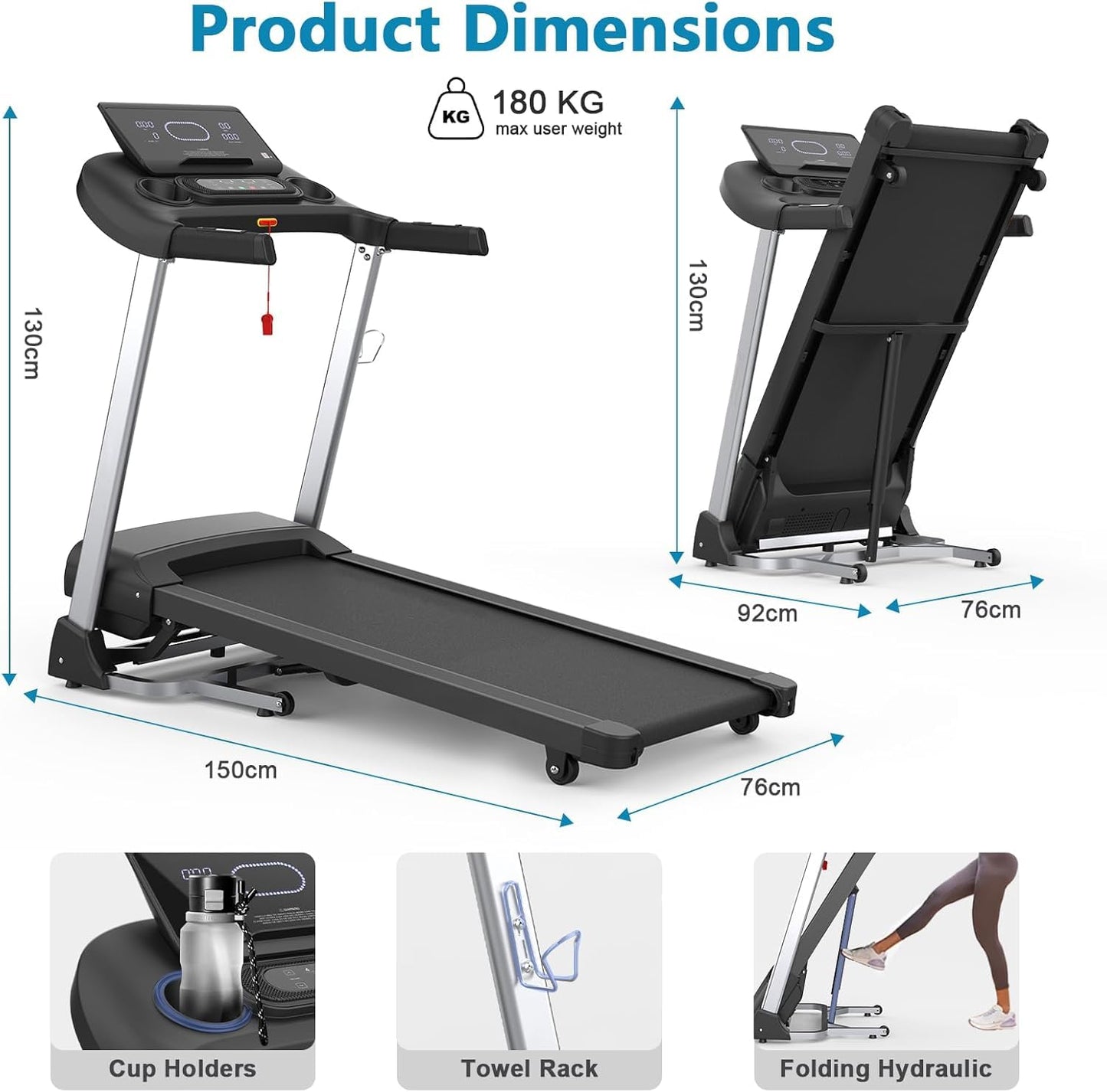 Kitopa 2025 Treadmills for Home, Sporty Digital Screen with 7HP, 12 MP/H, 18% Auto Incline, Heart Rate & APP & Bluetooth Speakers, Running Machine 160KG Capacity with Wide Belt for Home Office Gym
