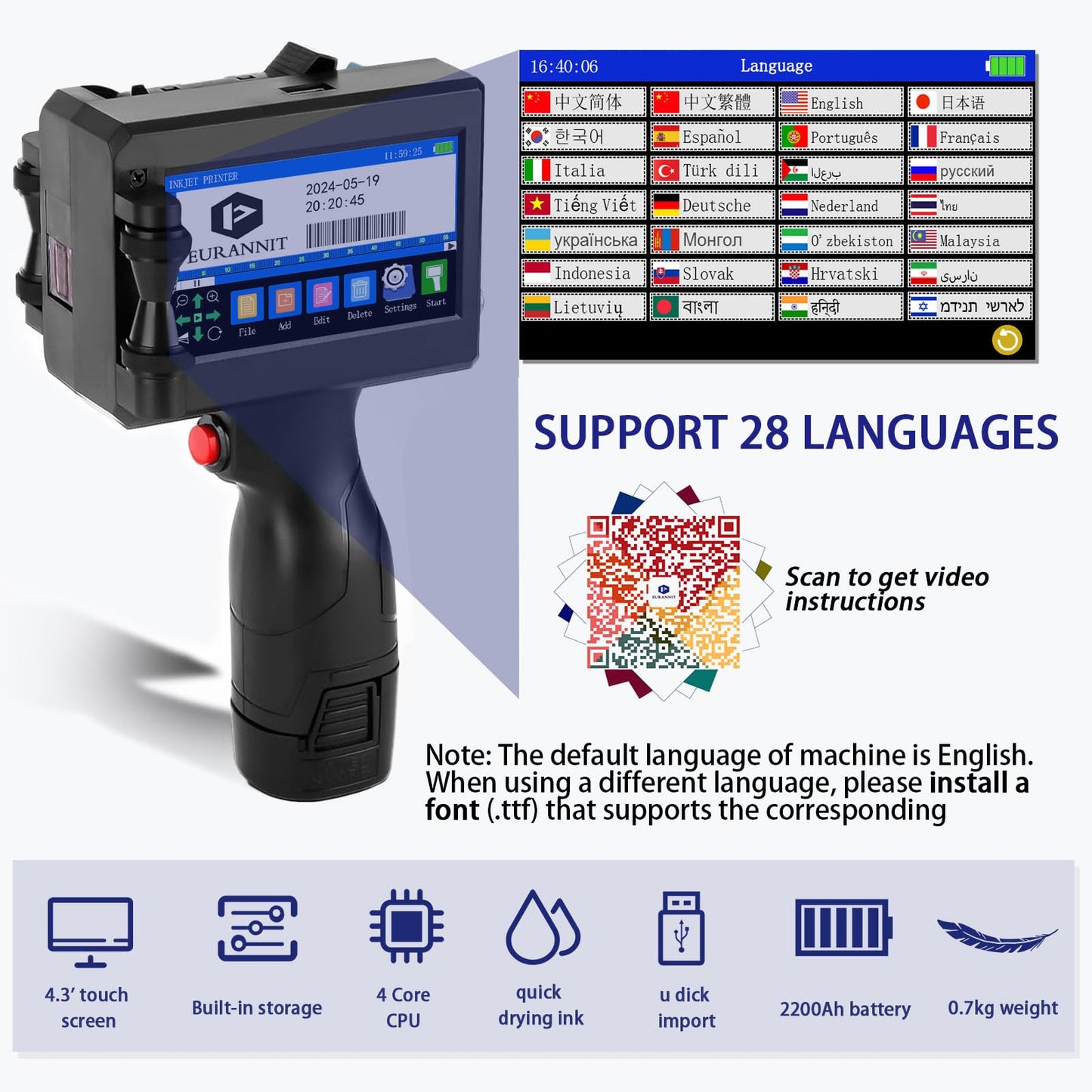 Eurannit Handheld Inkjet Printer 0.5 in, E15 Portable Coding Machine 4.3 Inch LED Touch Screen, Handheld Inkjet Printer Gun for Text Logo Date Batch Number QR Barcode Print on Any Surface