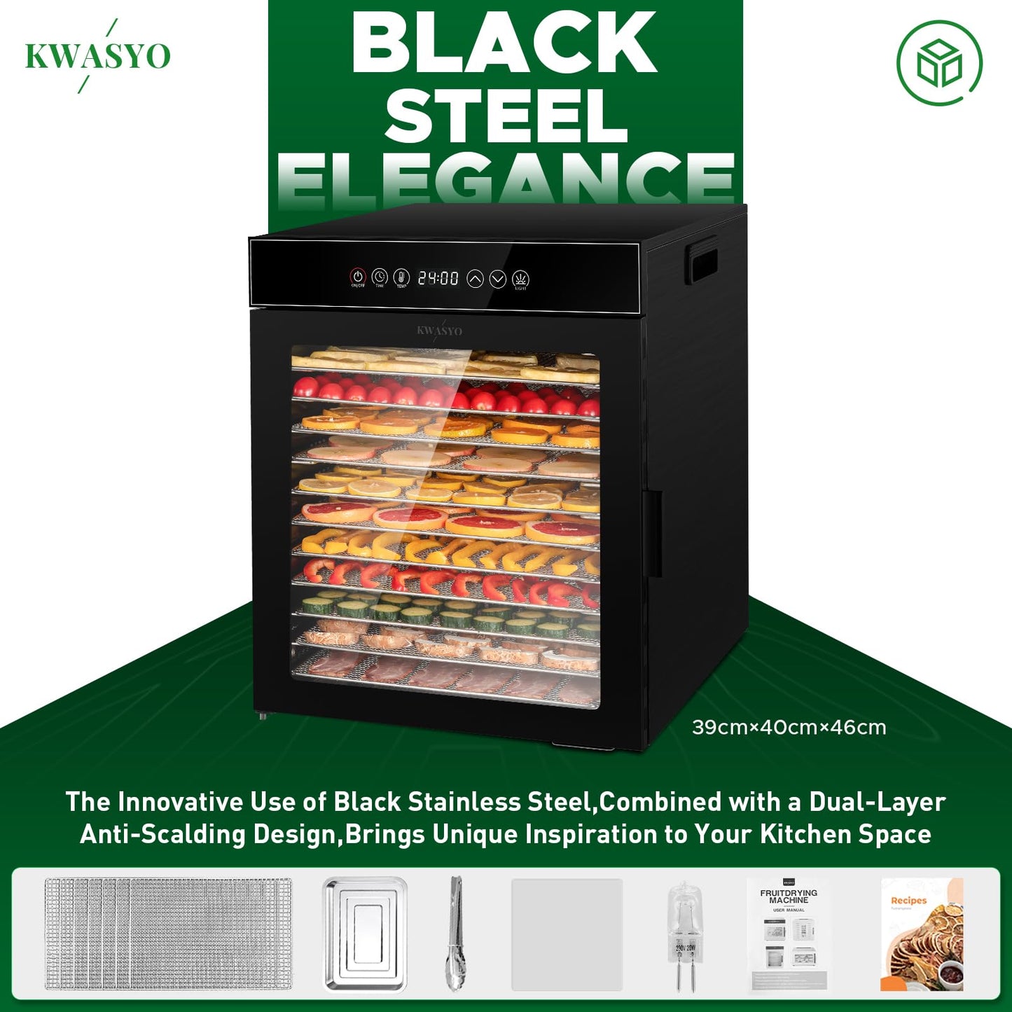 Kwasyo 12 Trays Stainless Steel Food Dehydrator all in Black, Food Dryer UK with 30-90°C Adjustable & 24hr Digital Timer, Commercial Dehydrator Fruits for Fish Vegetables Meat Jerky Herb, 900W