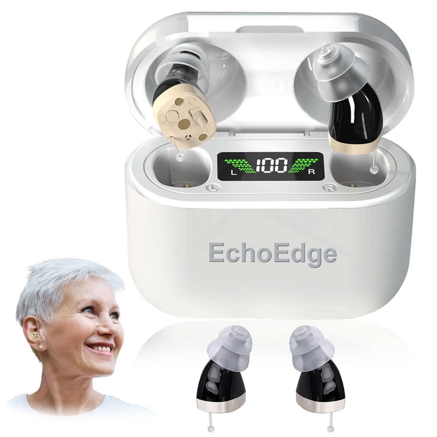 ECHOEDGE Rechargeable Hearing Amplifier - Personal Voice Amplifier with Microphone for Enhanced Sound Clarity - Invisible Design with HD Power Display, Noise Reduction & 30hr Battery Life