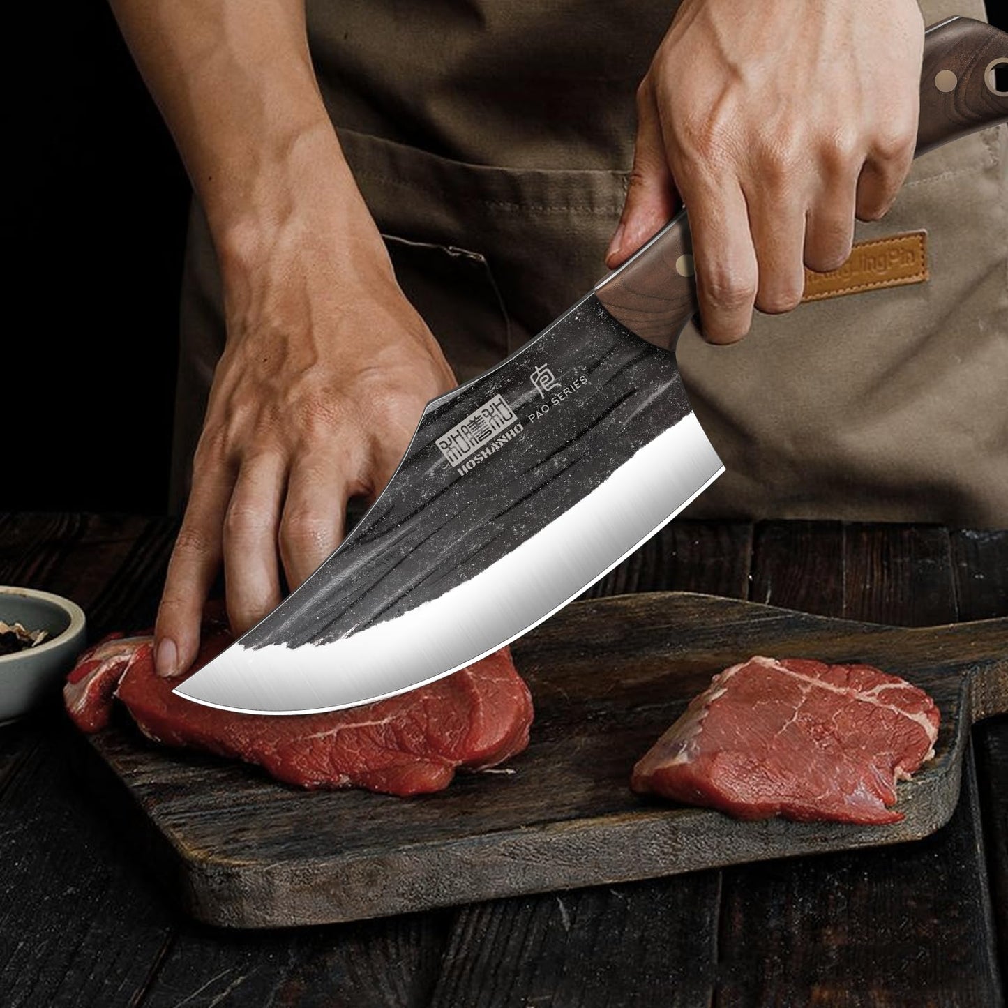 HOSHANHO Butcher Knife Set, Hand Forged Butcher Chef Knife Set with Roll Bag, Sharp Meat Cleaver Bone Chopper Fillet Knife for Home & Camping & BBQ Gift for Men