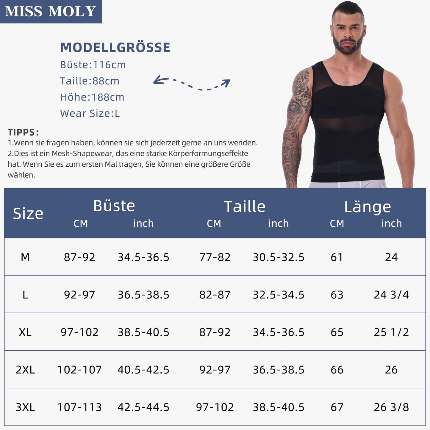 MISS MOLY Men's Compression Shirt Slimming Vest Elastic Body Shaper Undershirts Tummy Control Waist Trainer Muscle Tank Top for Men(Black,XL)
