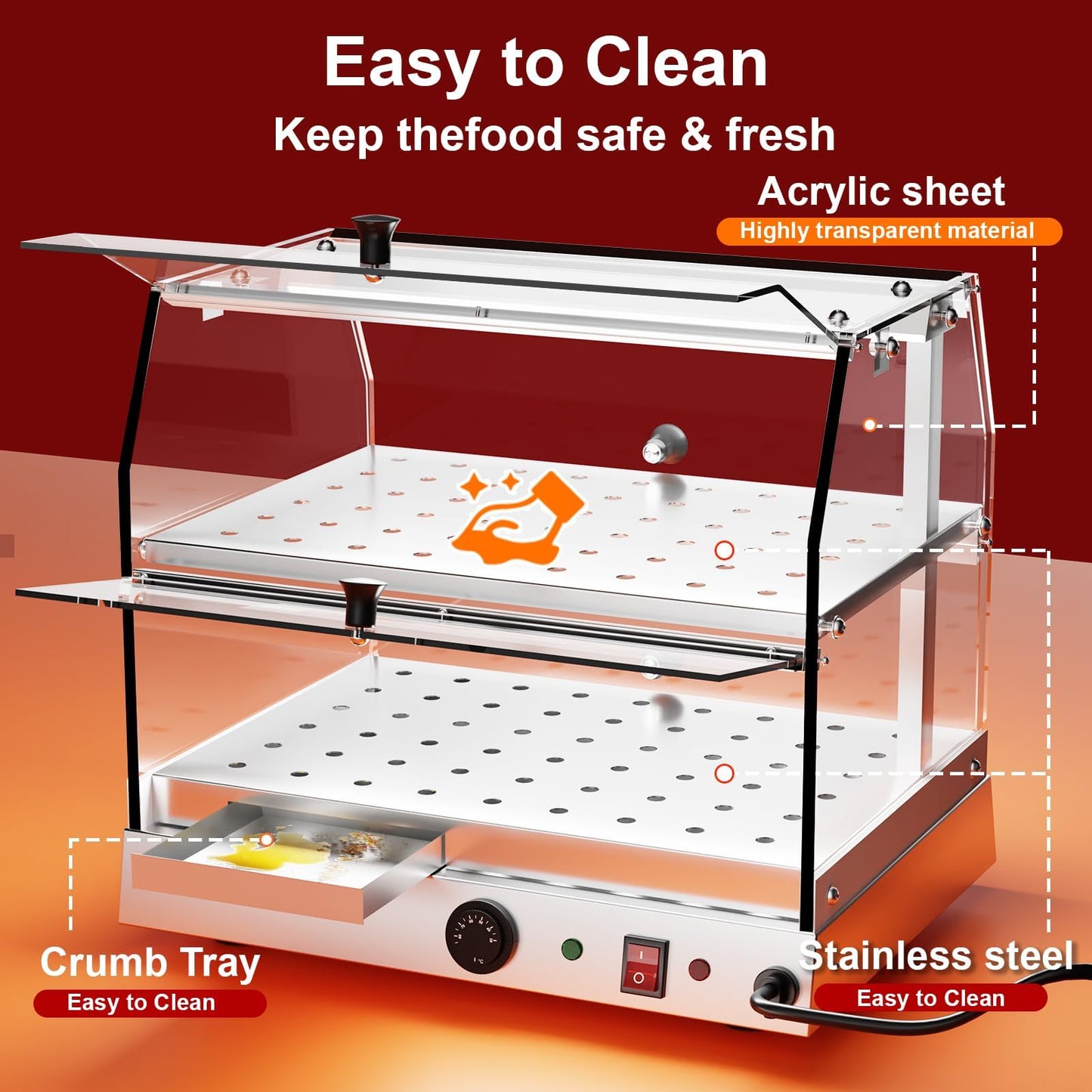 TAIMIKO Commercial Food Warmer Cabinet Warmer Display Case Stainless Steel 2 Tiers Pizza Warmer Hot Food Display Pastry Warmer Countertop Heated Warming Showcase Pastry Patty Restaurant