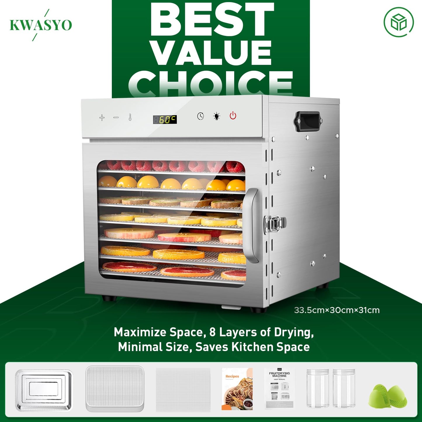 Kwasyo Stainless Steel Food Dehydrator, 8 Tray Fruit Dryer Machine with Free Recipe Book, BPA-Free, 30~90℃ Temperature Setting, Max 24h, Dehydrator Food Dryer UK for Vegetables, Meats