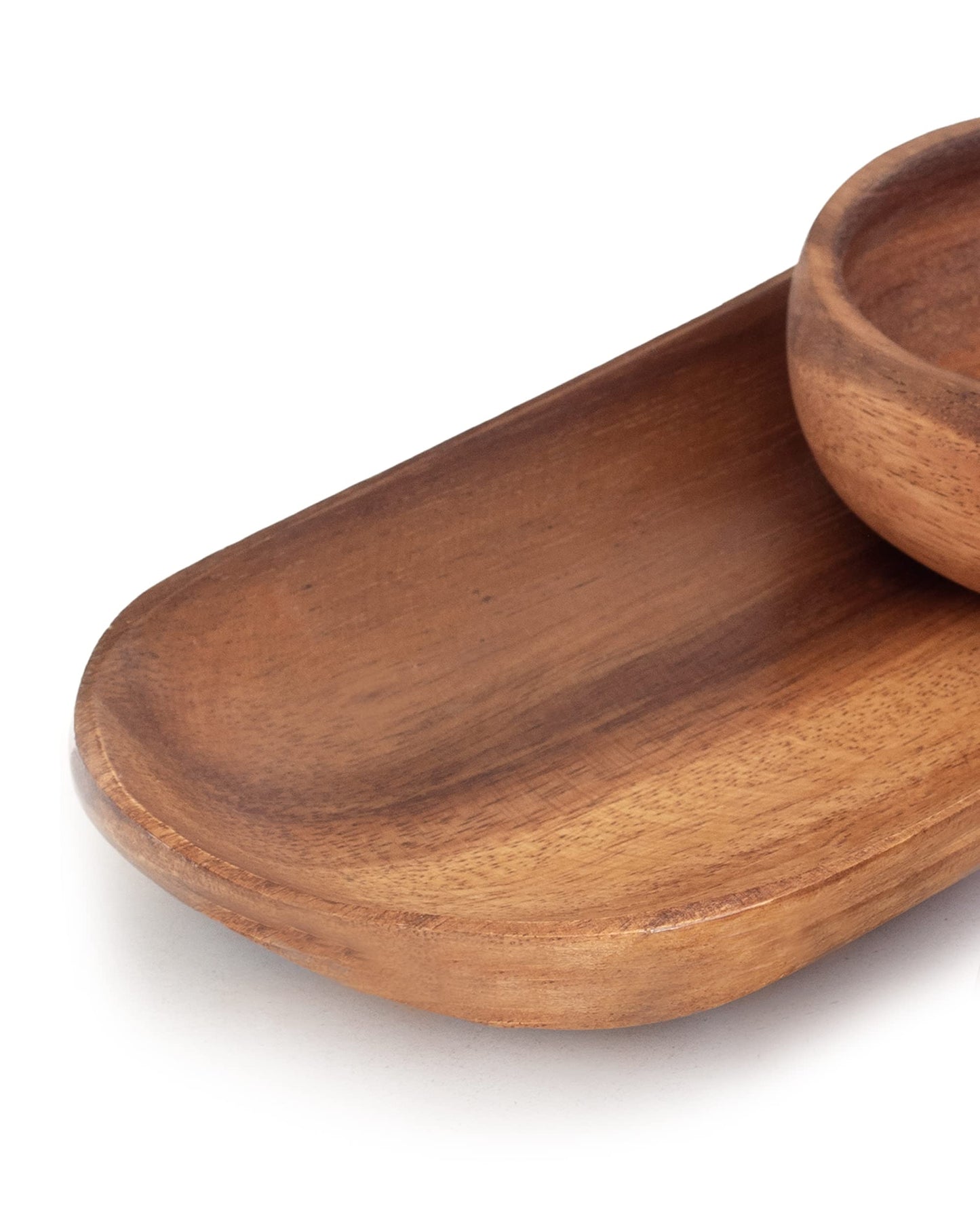 cintika Hand-Carved Set of 4 Acacia Calabash Bowls with Baguette Tray. Durable Wooden Bowl Set. Snack, nut, dip bowl. - Wooden Dinnerware set. 4" Round Wooden Bowls - 13" Wooden Tray