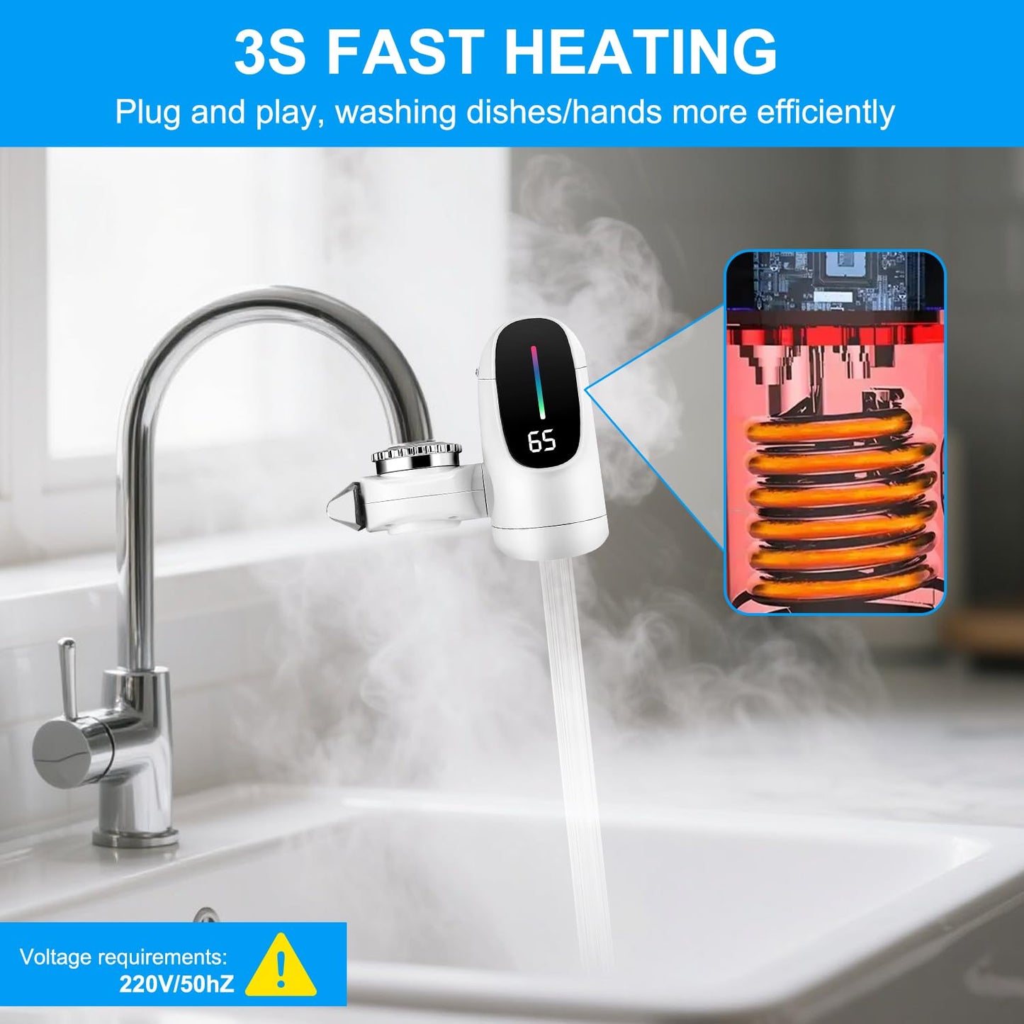 Instant Hot Water Tap, 3-Sec Fast Electric Hot Water Tap, 220V 3400W Instant Hot Self Heating Tap Adapter, Hot and Cold Water Dual Use with LED Digital Display for Kitchen Bathroom, UK Plug