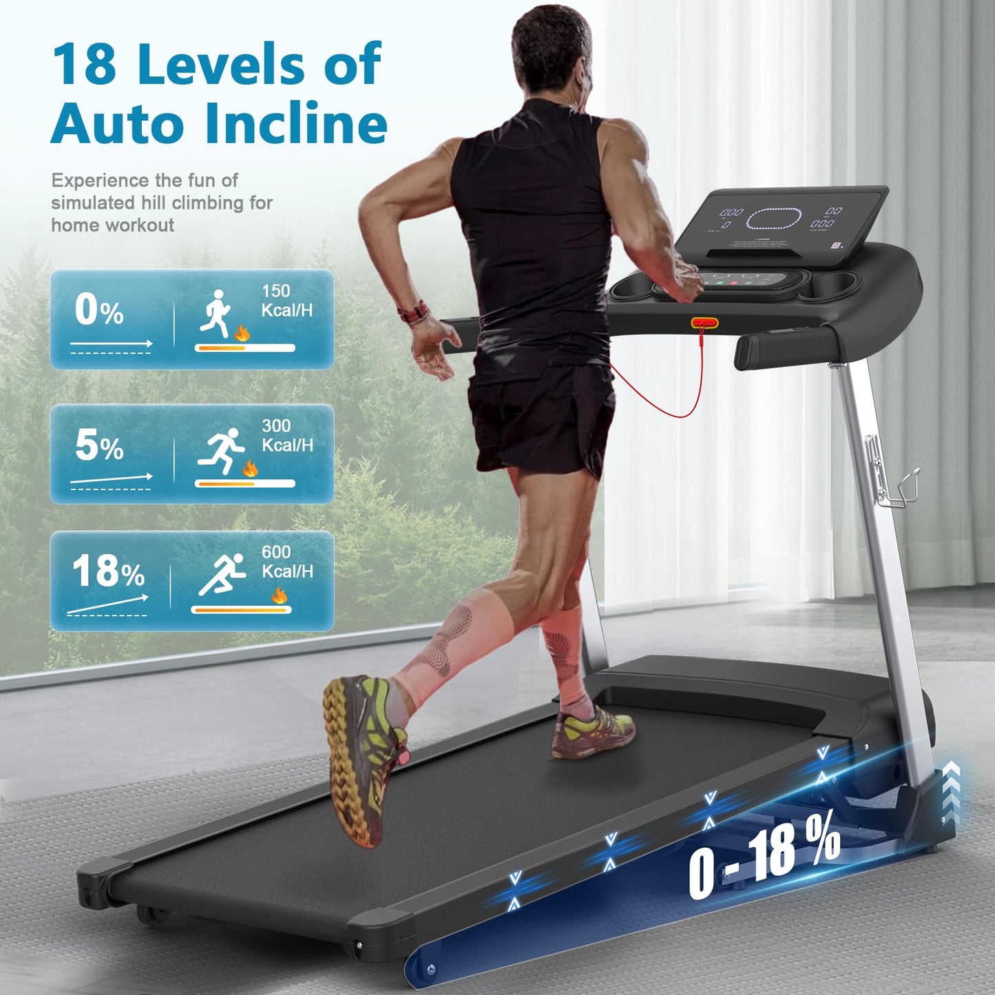 Kitopa 2025 Treadmills for Home, Sporty Digital Screen with 7HP, 12 MP/H, 18% Auto Incline, Heart Rate & APP & Bluetooth Speakers, Running Machine 160KG Capacity with Wide Belt for Home Office Gym