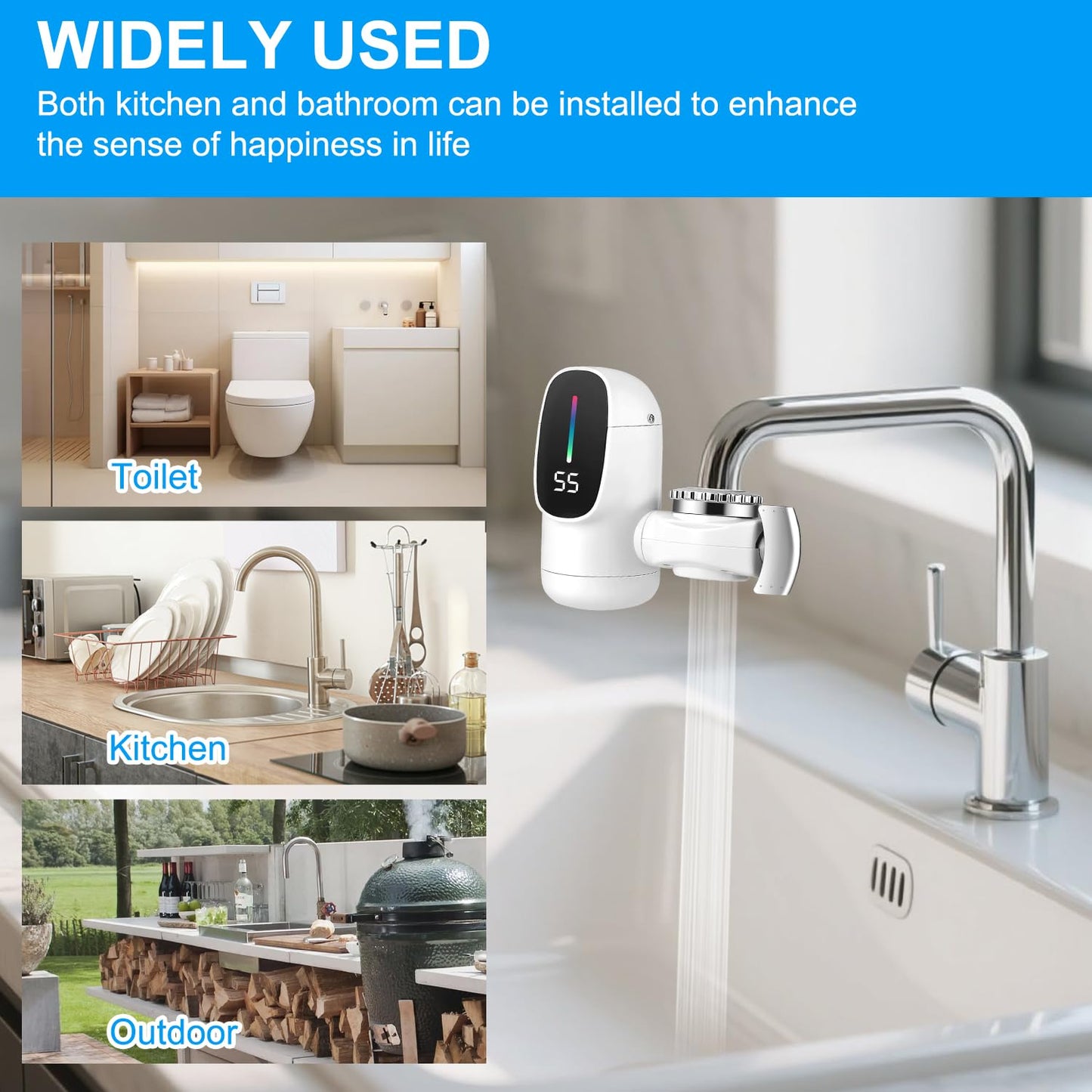 Instant Hot Water Tap, 3-Sec Fast Electric Hot Water Tap, 220V 3400W Instant Hot Self Heating Tap Adapter, Hot and Cold Water Dual Use with LED Digital Display for Kitchen Bathroom, UK Plug