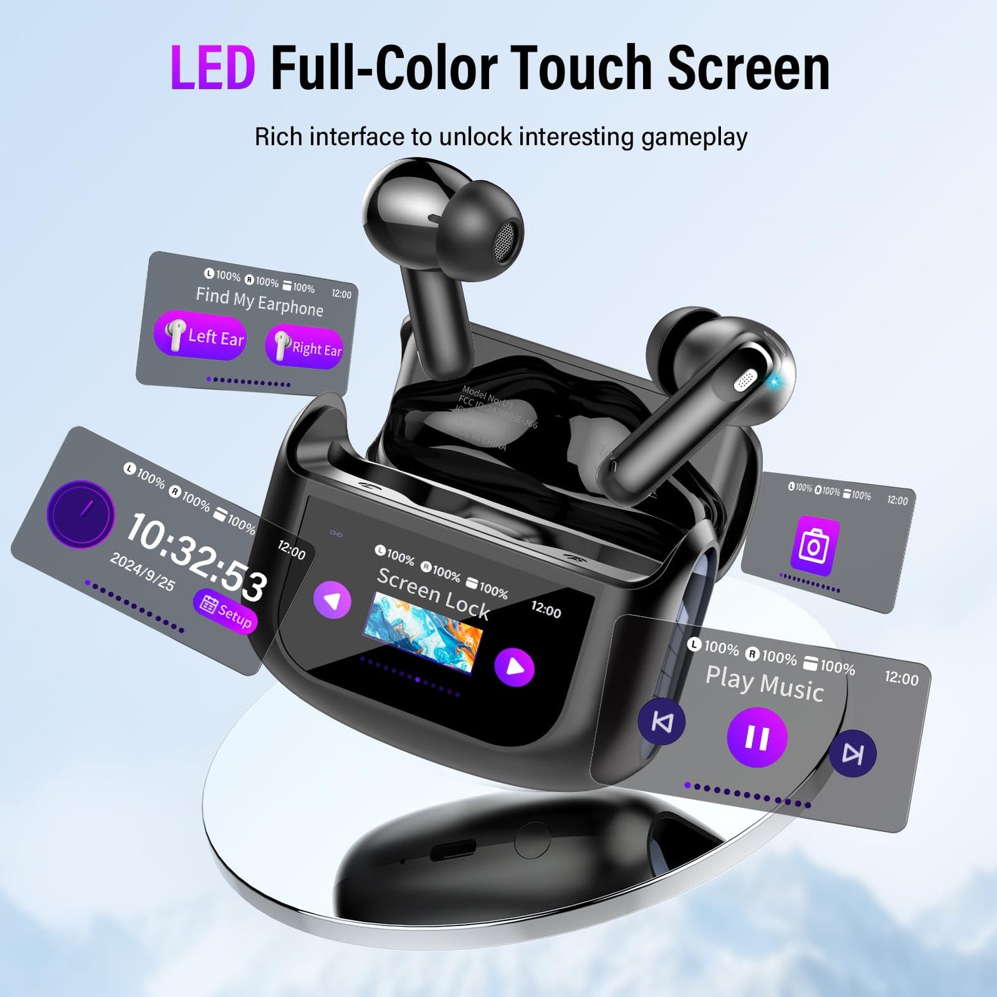 Thunelec Wireless Earbuds, 48H Smart Touch Screen Ear Buds Bluetooth 5.4 Headphones, ANC/ENC Noise Cancelling Mic Bluetooth Earbuds, 5 EQ Modes, HiFi Stereo, IPX7 Waterproof Wireless Earphones Black
