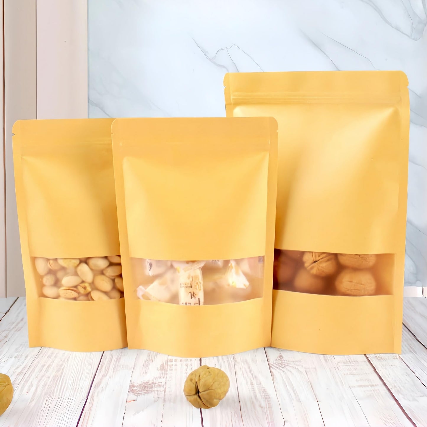 50Pcs Kraft Bags with Window,Resealable Brown Kraft Paper Bags,Durable Food Packaging Bag for Nuts, Sweets,Coffee Beans,Dried Fruit (Brown, 15x22cm - 50pcs)