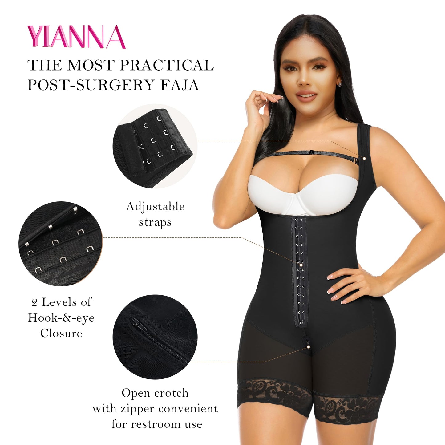 YIANNA Shapewear for Women Tummy Control Full Body Shaper Fajas Colombianas Bodysuit Butt Lifter Post Surgery Zipper Crotch, UK-YA7289-Black-2XL