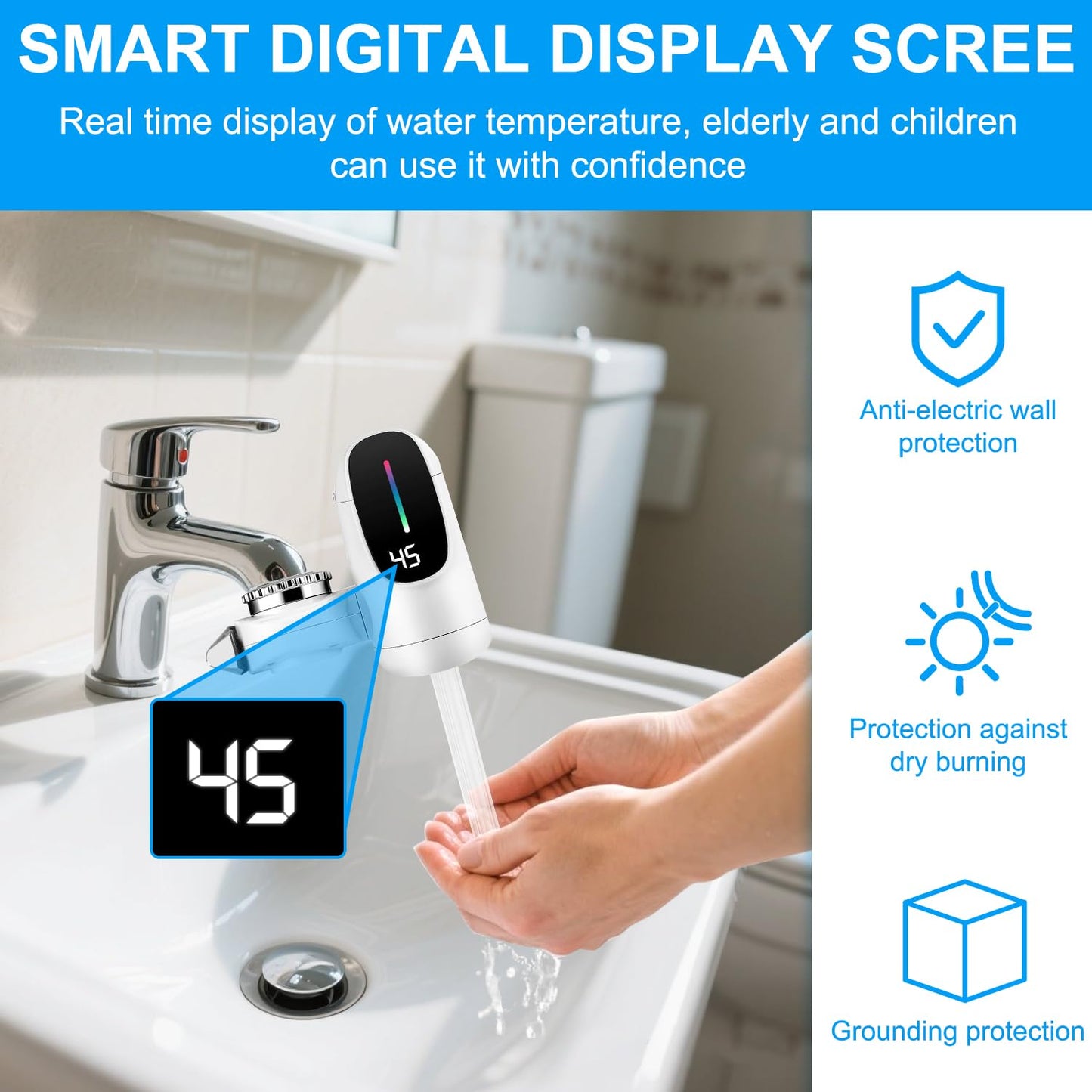 Instant Hot Water Tap, 3-Sec Fast Electric Hot Water Tap, 220V 3400W Instant Hot Self Heating Tap Adapter, Hot and Cold Water Dual Use with LED Digital Display for Kitchen Bathroom, UK Plug