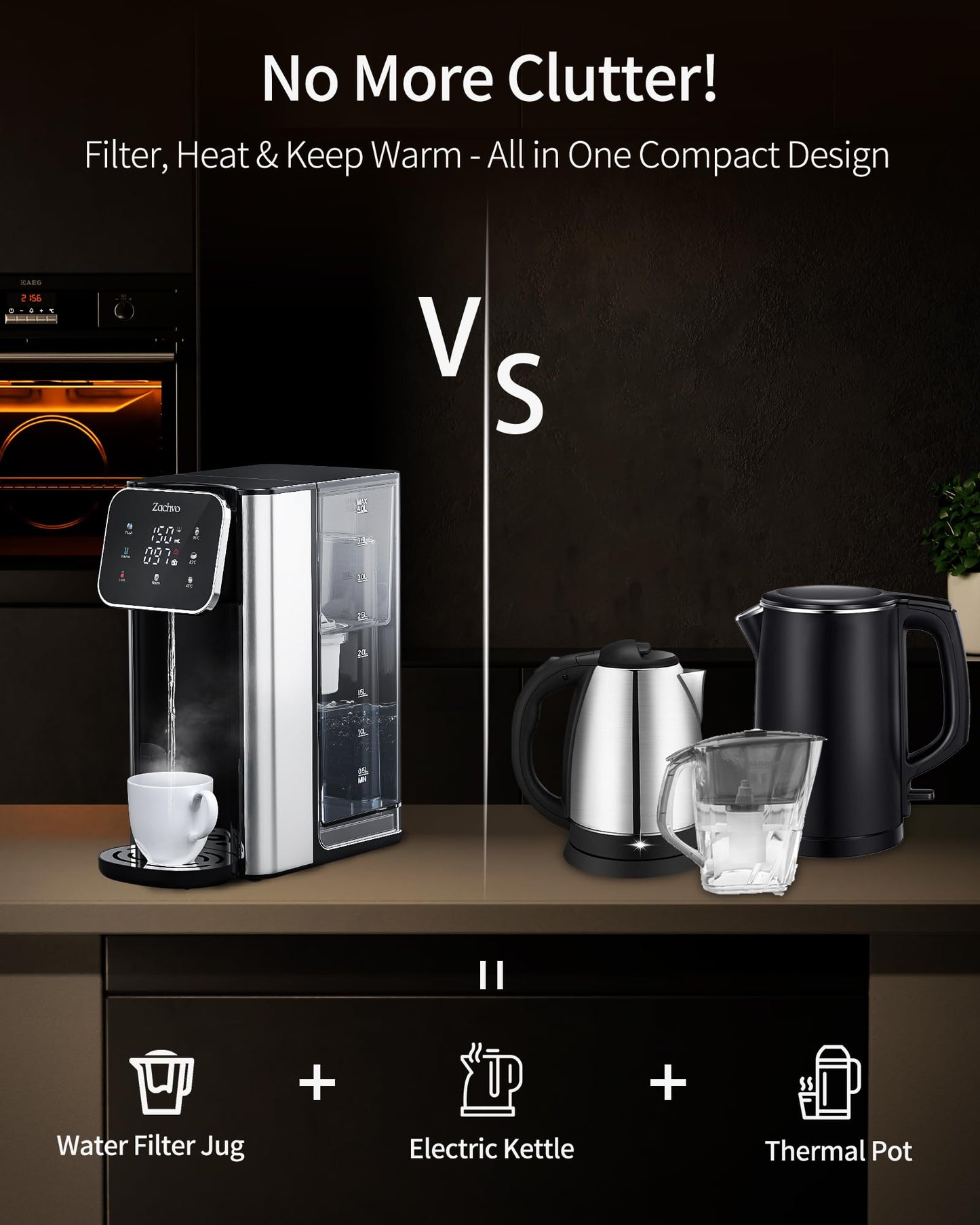 ZACHVO Hot Water Dispenser UR05 with Filter, 2200W Fast Heating, 4 Temperature Settings, 4L Removable Tank, 3 Water Volume Options, Compact & Energy Efficient, Ideal for Kitchen, Office & Home