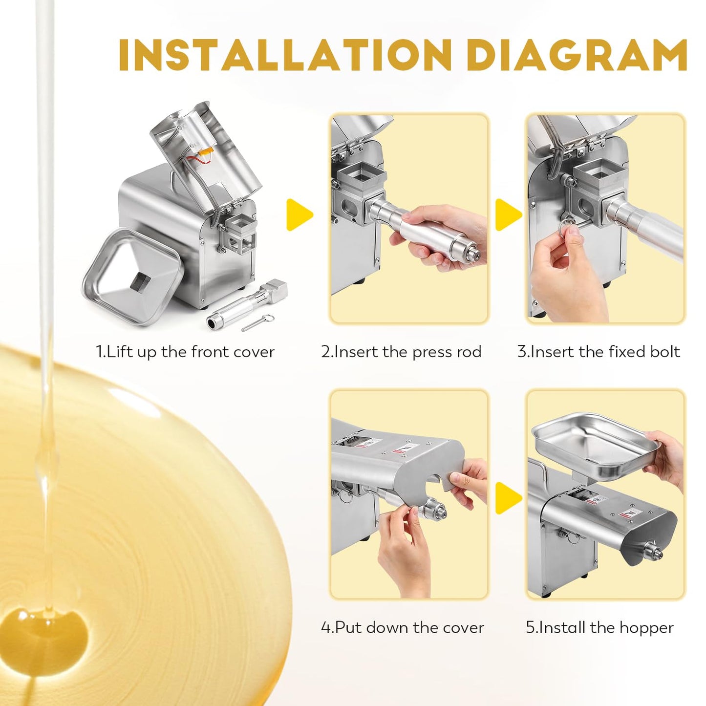 CGOLDENWALL 1000W Oil Press Machine Home Hot & Cold Oil Extraction Machine Stainless Steel for Peanut Sesame Flaxseed Walnut Sunflower Seed Automatic Temperature Constant 220V