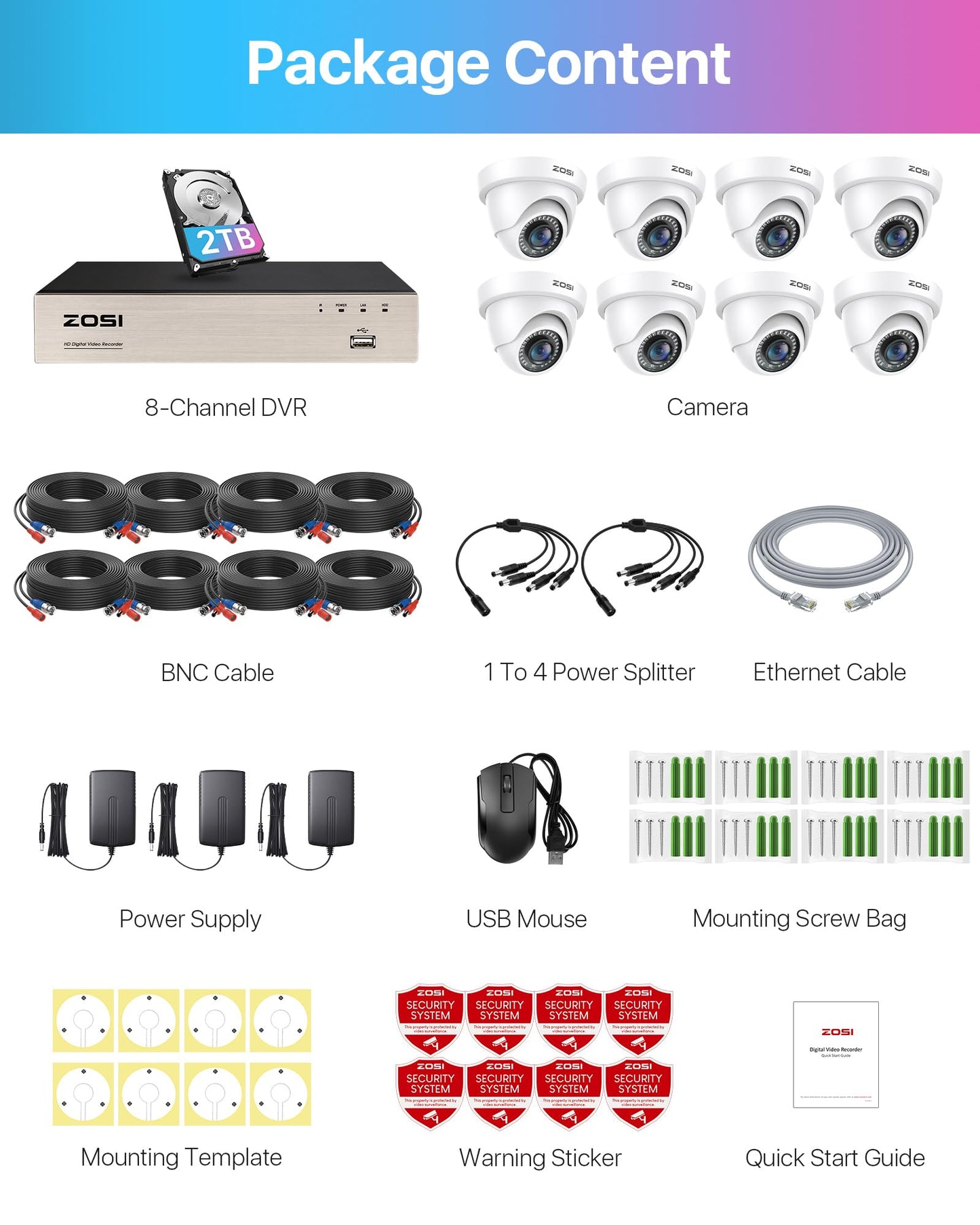 ZOSI 8CH 1080P Security Camera System with AI Human Vehicle Detection, H.265+ 8 Channel 5MP Lite HD-TVI DVR Recorder with 2TB HDD and 8pcs 1920TVL CCTV Dome Cameras Indoor Outdoor, 80ft Night Vision