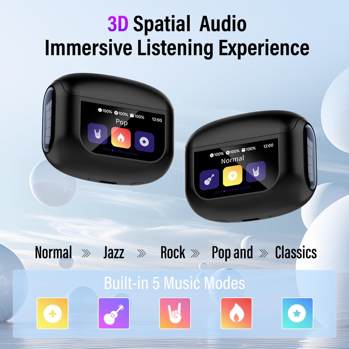 Thunelec Wireless Earbuds, 48H Smart Touch Screen Ear Buds Bluetooth 5.4 Headphones, ANC/ENC Noise Cancelling Mic Bluetooth Earbuds, 5 EQ Modes, HiFi Stereo, IPX7 Waterproof Wireless Earphones Black