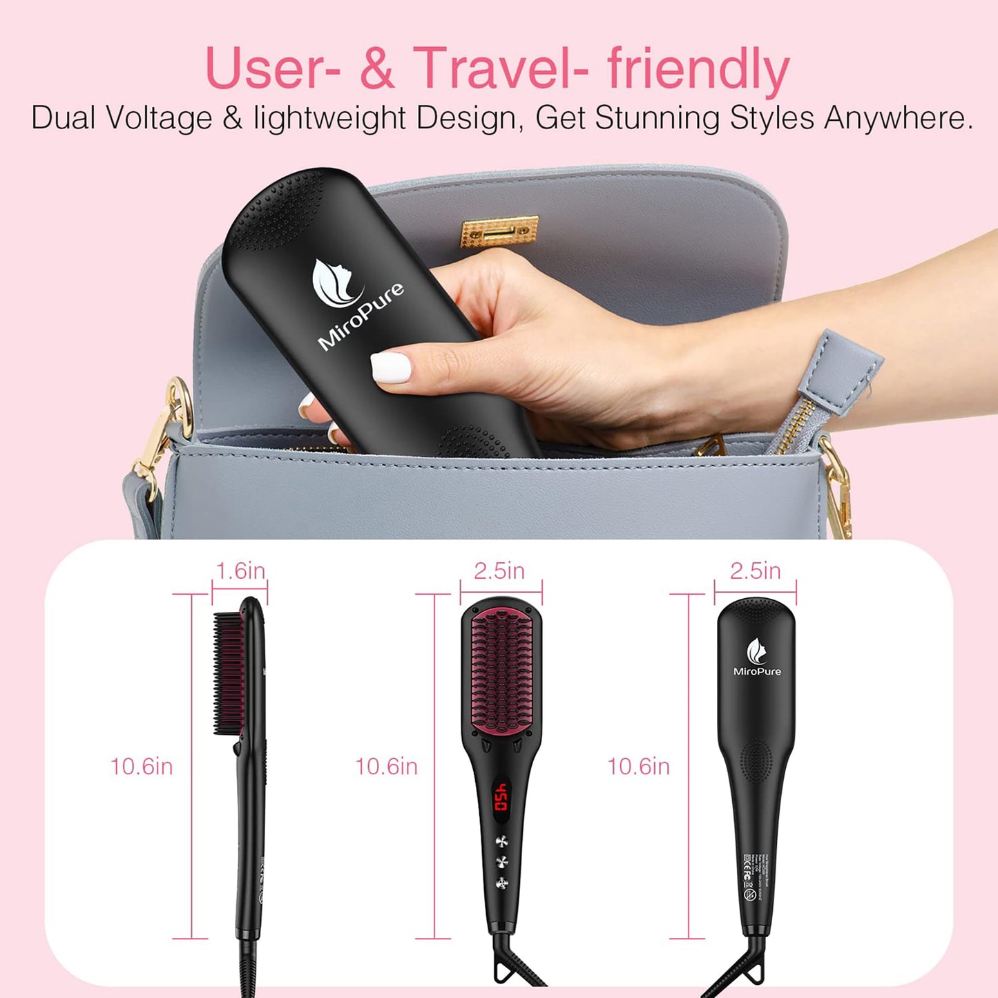 MiroPure 2 in 1 Ionic Hair Straightener Brush Hot Comb MCH Heating Smoothing Brush with 16 Settings, Dual Voltage