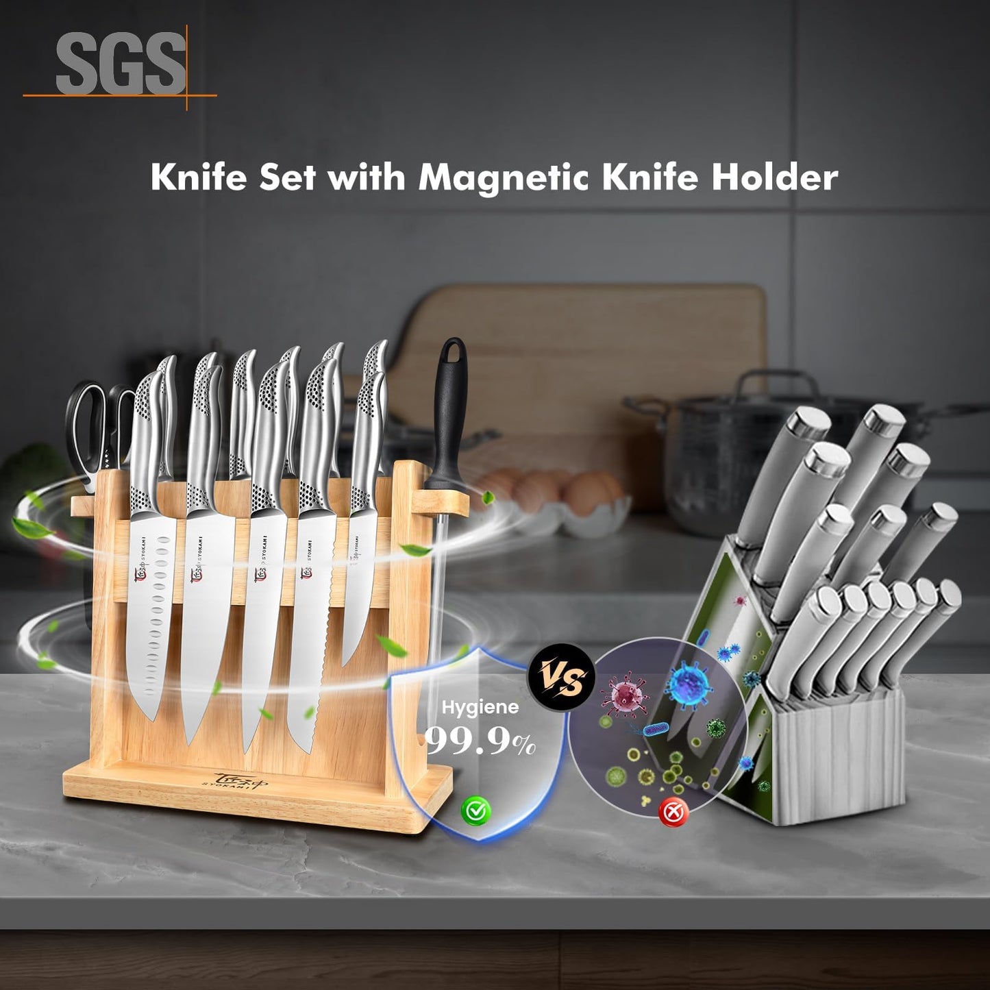 Kitchen Knife Set, Japanese Sharp Chef Knife Sets with Magnetic Holder, 14 Piece Professional High Carbon Stainless Steel Knives Block Sets with Sharpener, Ergonomic Handle, Shears, Black Dot