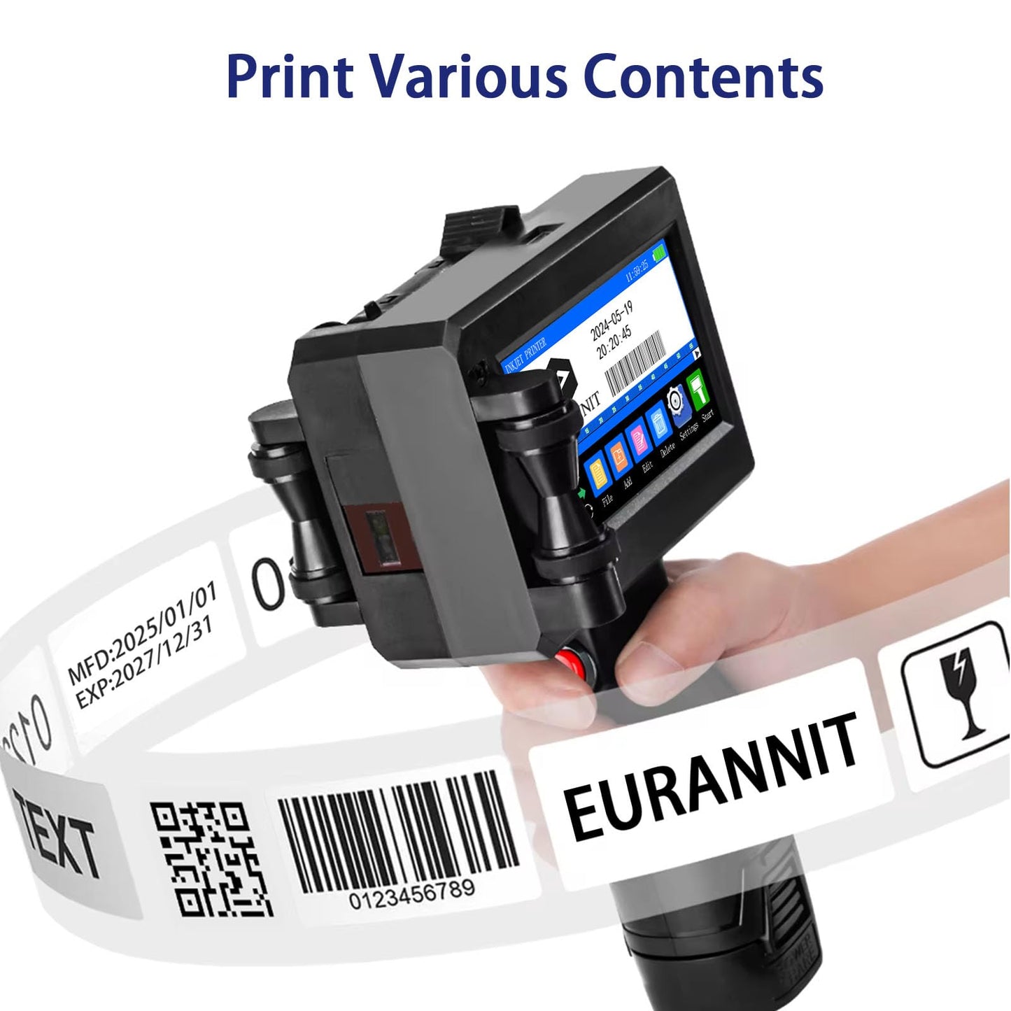 Eurannit Handheld Inkjet Printer 0.5 in, E15 Portable Coding Machine 4.3 Inch LED Touch Screen, Handheld Inkjet Printer Gun for Text Logo Date Batch Number QR Barcode Print on Any Surface