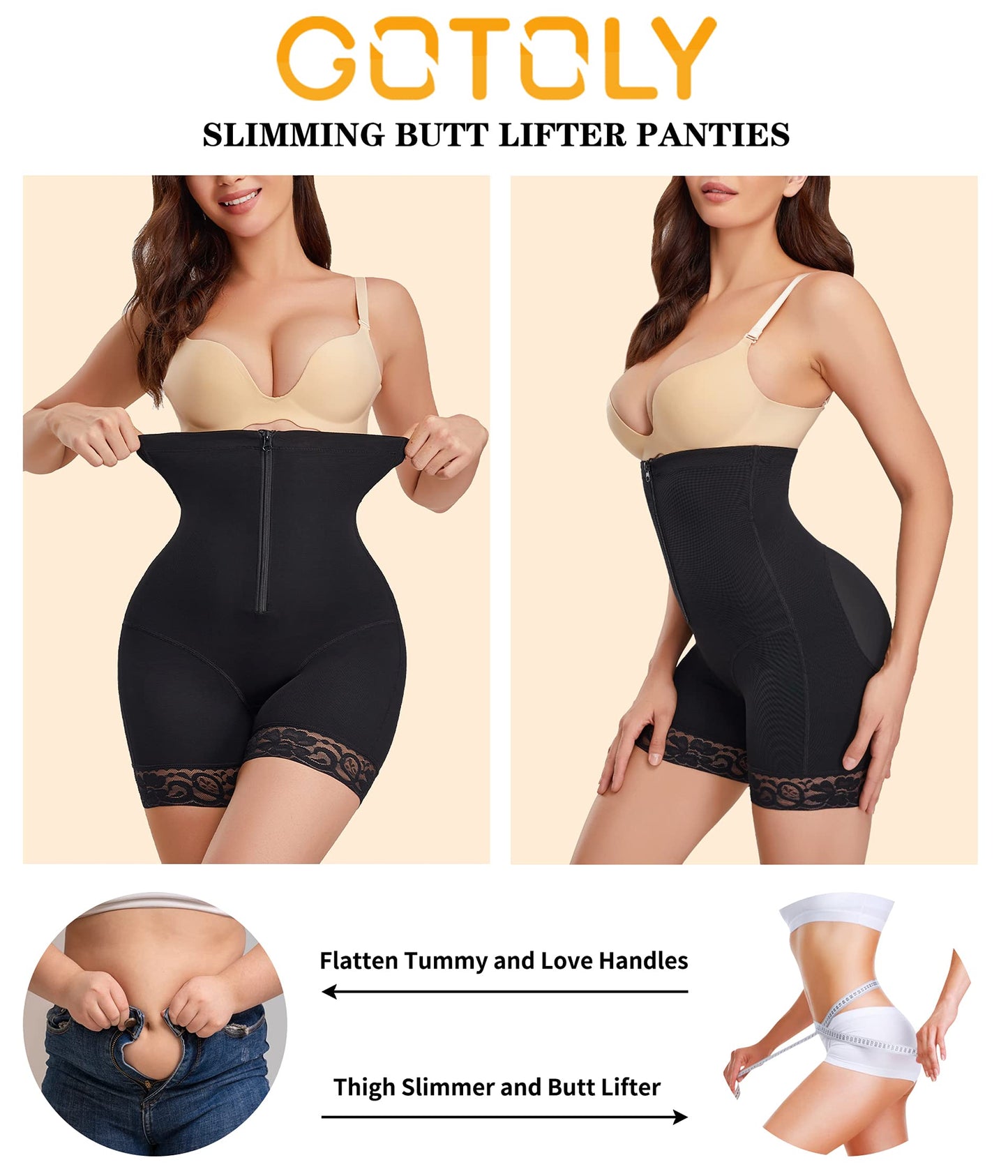 Gotoly Women Shapewear Butt Lifter Panties High-Waisted Double Tummy Control Knickers Waist Trainer Slimming Body Shaper Thigh Slimmer Shorts Black