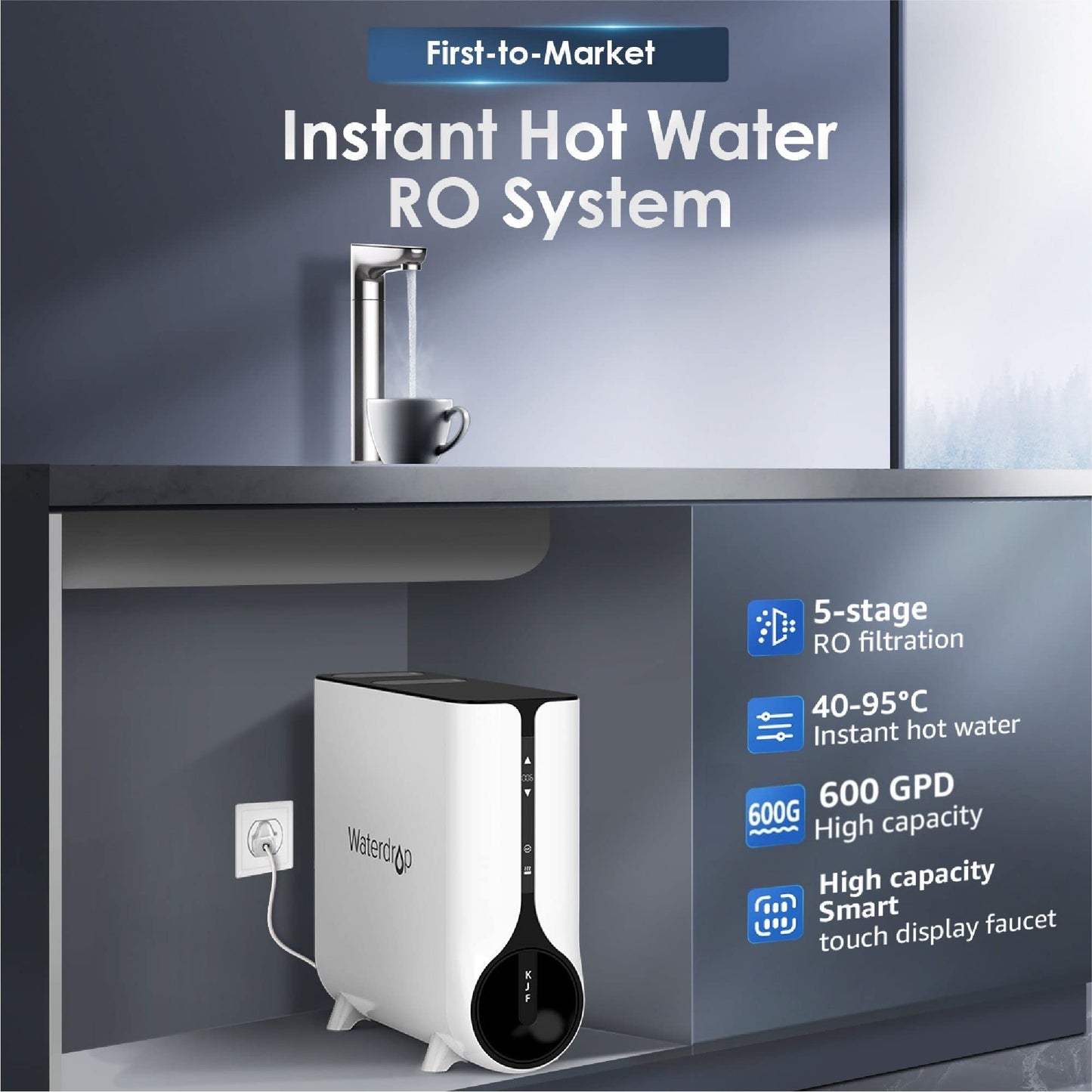 Waterdrop Reverse Osmosis Instant Hot Water RO Filter System, 600 GPD, 2271L, Tankless, 2:1 Pure to Drain, Under Sink, TDS Reduction, Smart LED Faucet, WD-KJ600/WD-K6
