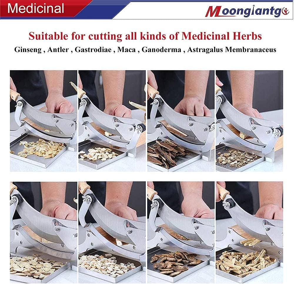 Moongiantgo Biltong Slicer Manual Chinese Medicine Slicer Radiused Beef Jerky Cutter,0-0.5" Adjustable Thickness with Wooden Base Herb Root Cutting Machine for Ginseng Antler Gastrodiae Maca (KD0281)