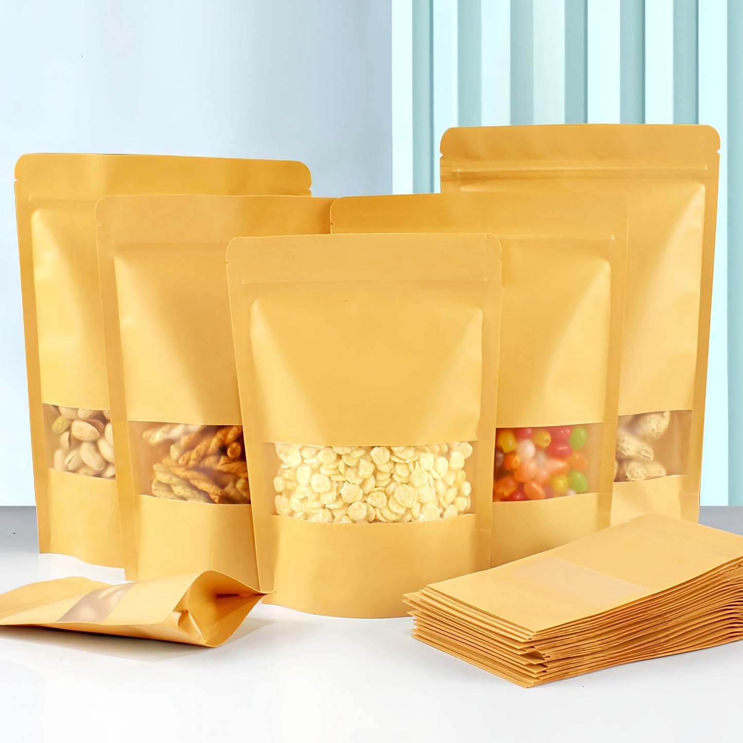 50Pcs Kraft Bags with Window,Resealable Brown Kraft Paper Bags,Durable Food Packaging Bag for Nuts, Sweets,Coffee Beans,Dried Fruit (Brown, 15x22cm - 50pcs)