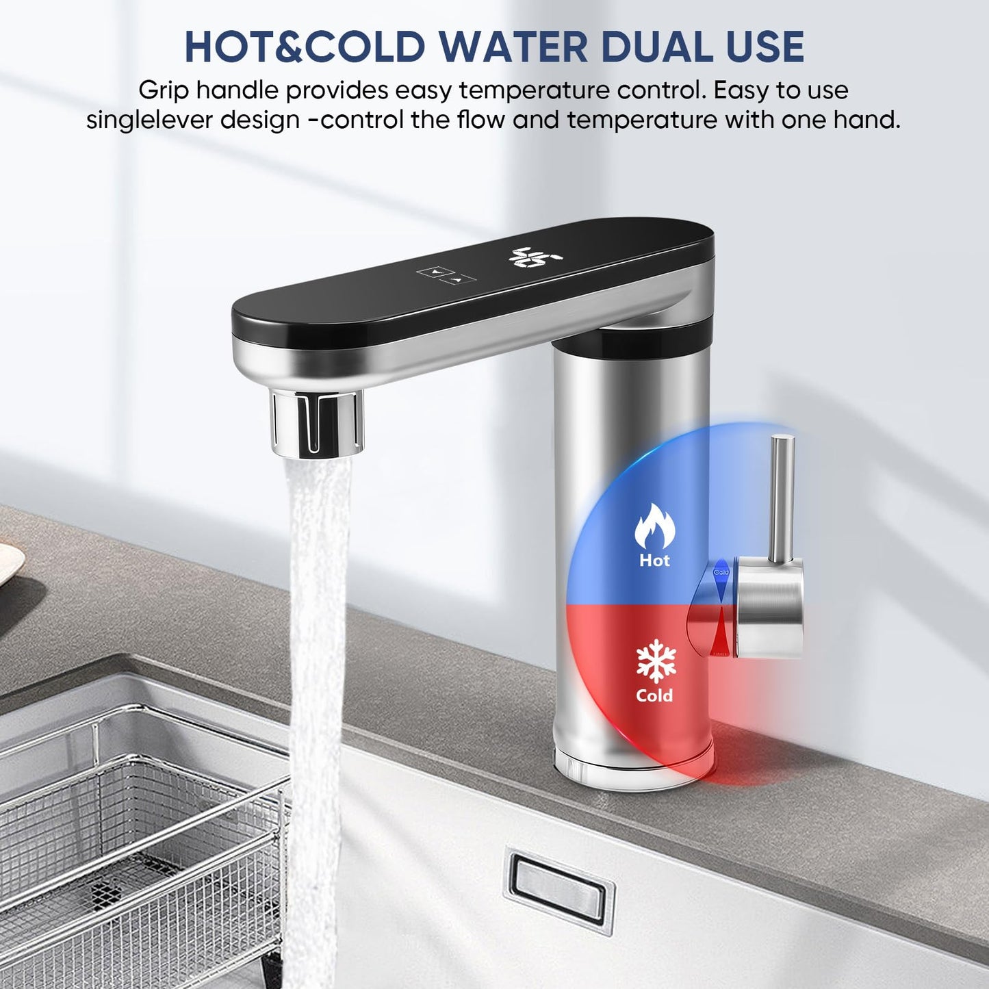 220V 3000W Touch Screen Instant Hot Water Tap, 3 Second Fast Heating Water Heater Tap with Digital Display, Stainless Steel Electric Hot/Cold Mixer Electric Faucet for Sink, 120 Degree Swivel Spout